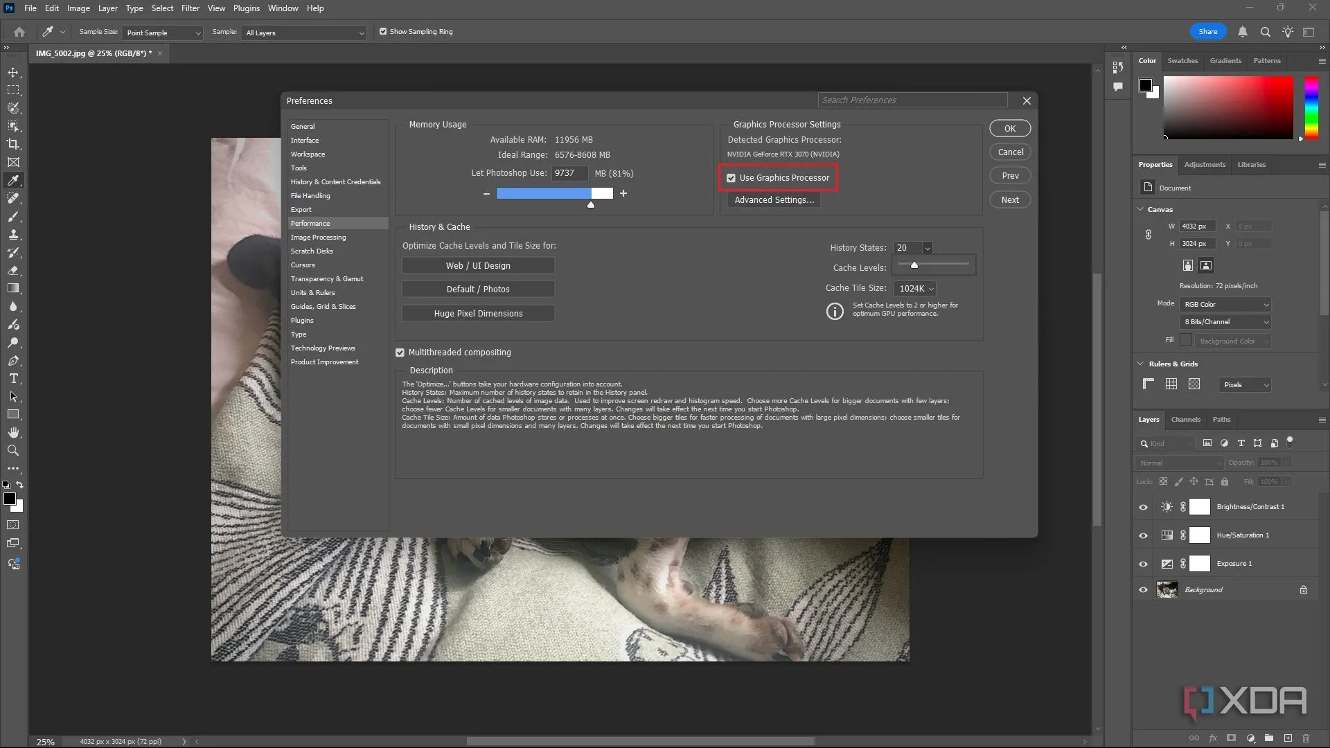 Mục Graphics Processor Settings trong Photoshop, tùy chọn 'Sử dụng Bộ xử lý đồ họa' để tăng cường hiệu suất