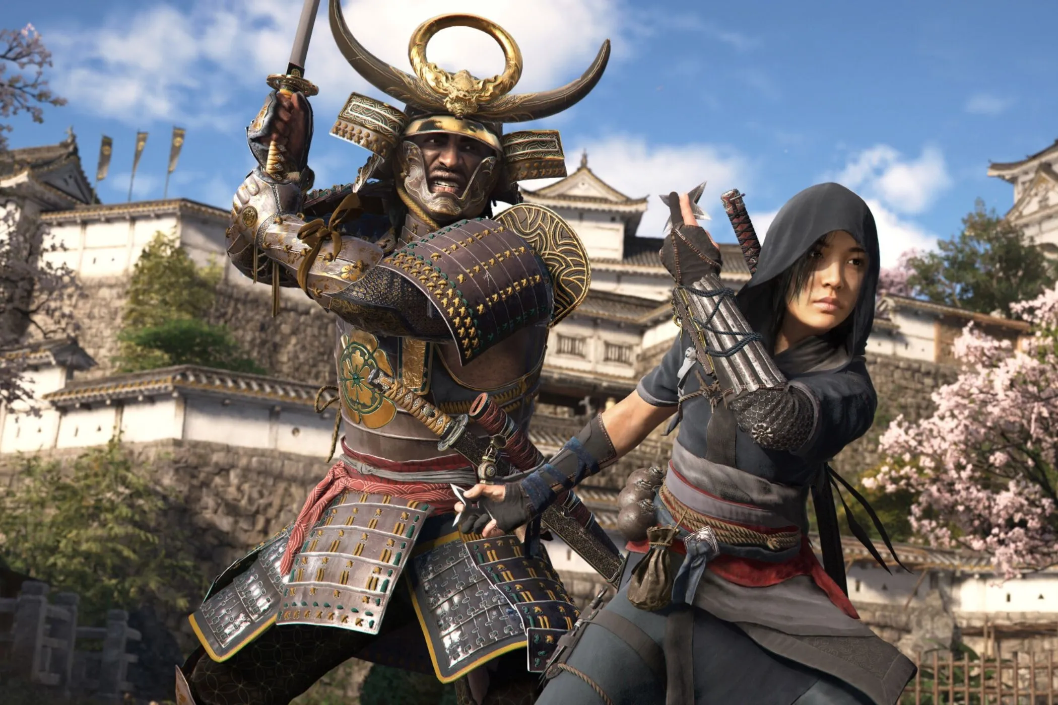 Naoe và Yasuke cùng đứng, đại diện cho việc lựa chọn và tối ưu hóa các nâng cấp kỹ năng phù hợp với từng phong cách chơi trong Assassin's Creed Shadows