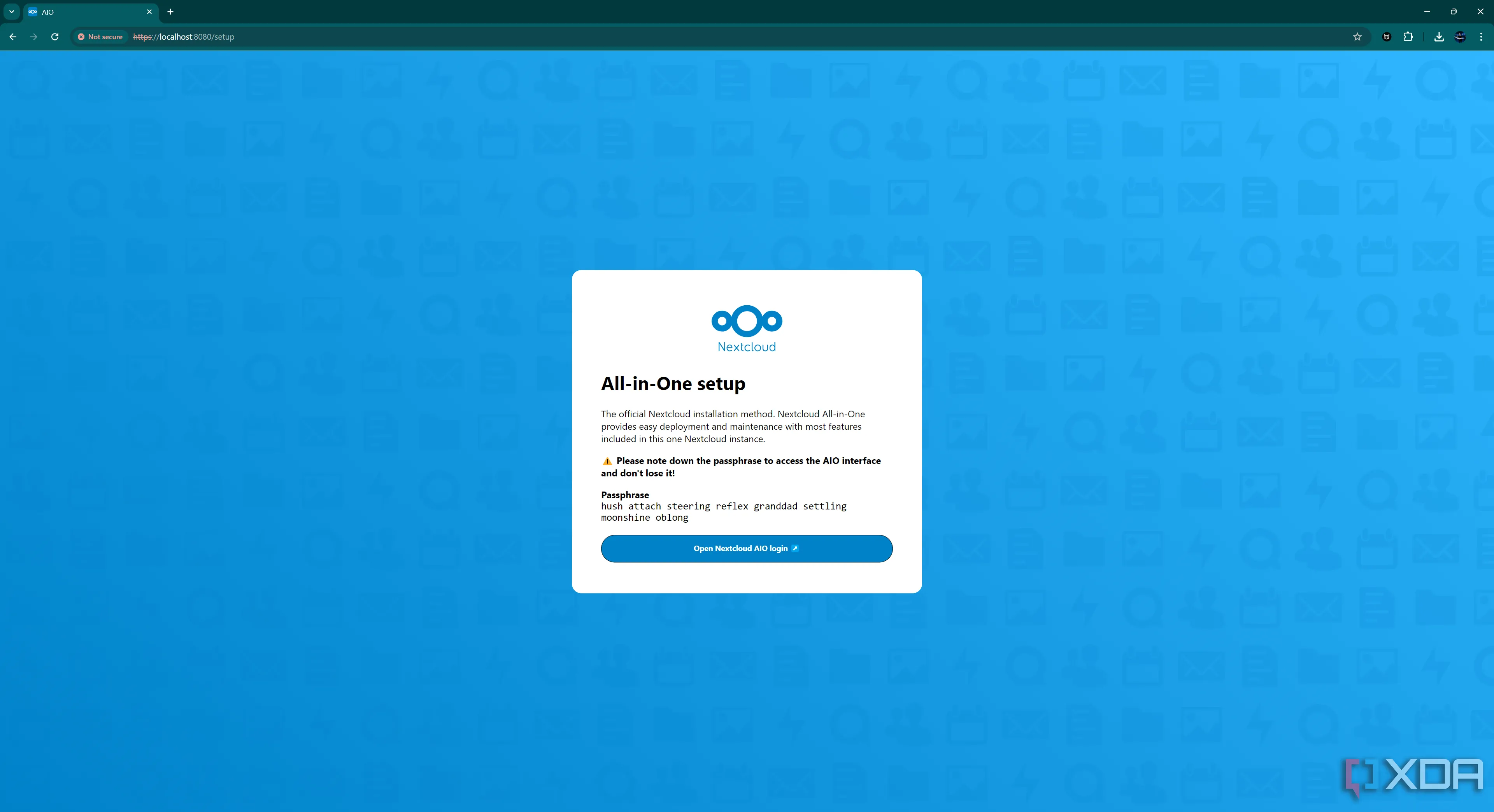 Nextcloud AIO (All-in-One) chạy trong Docker container, minh họa khả năng tự động hóa và triển khai phức tạp