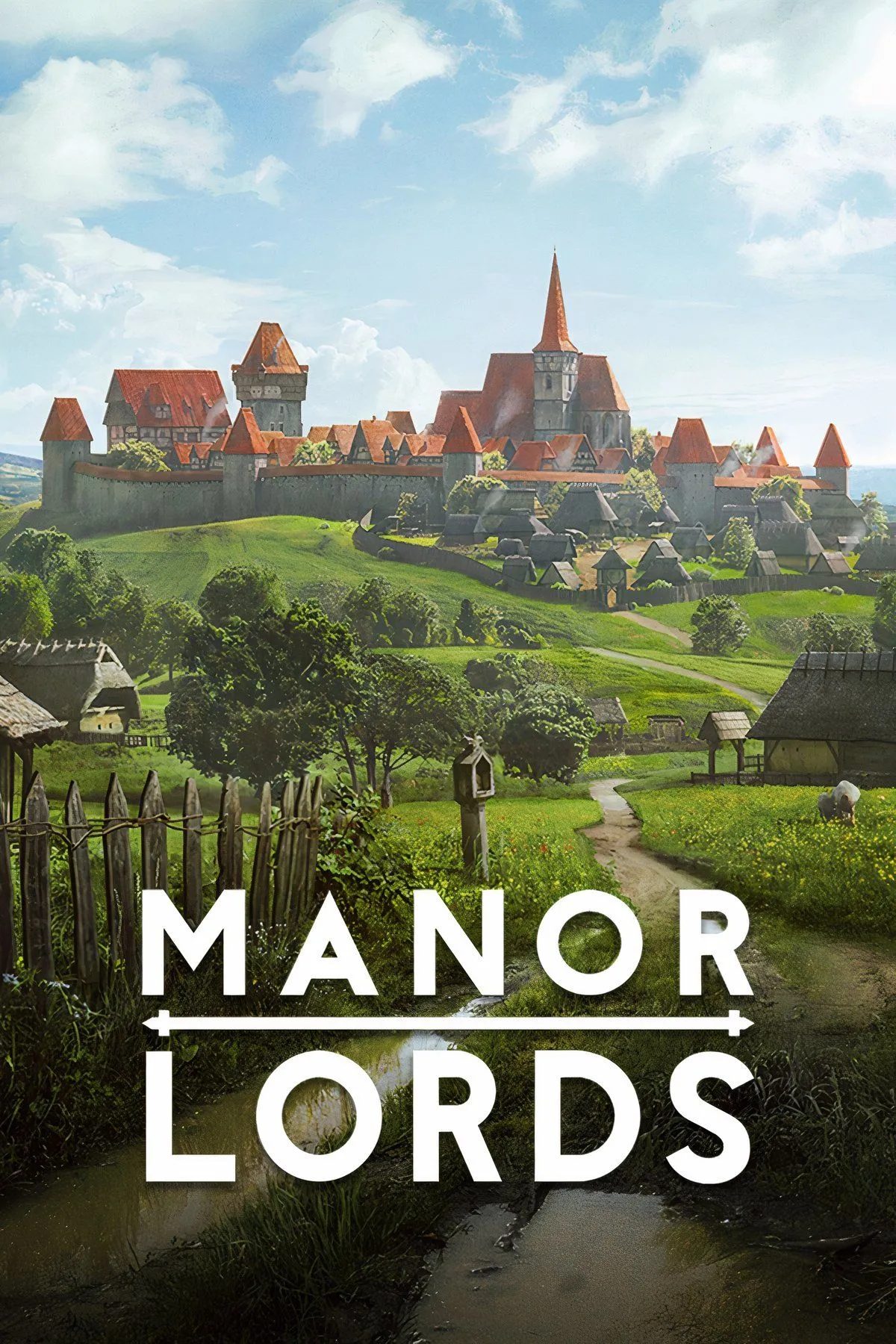 Ngôi làng thời trung cổ yên bình với những ngôi nhà gỗ và đồng cỏ xanh tươi trong Manor Lords