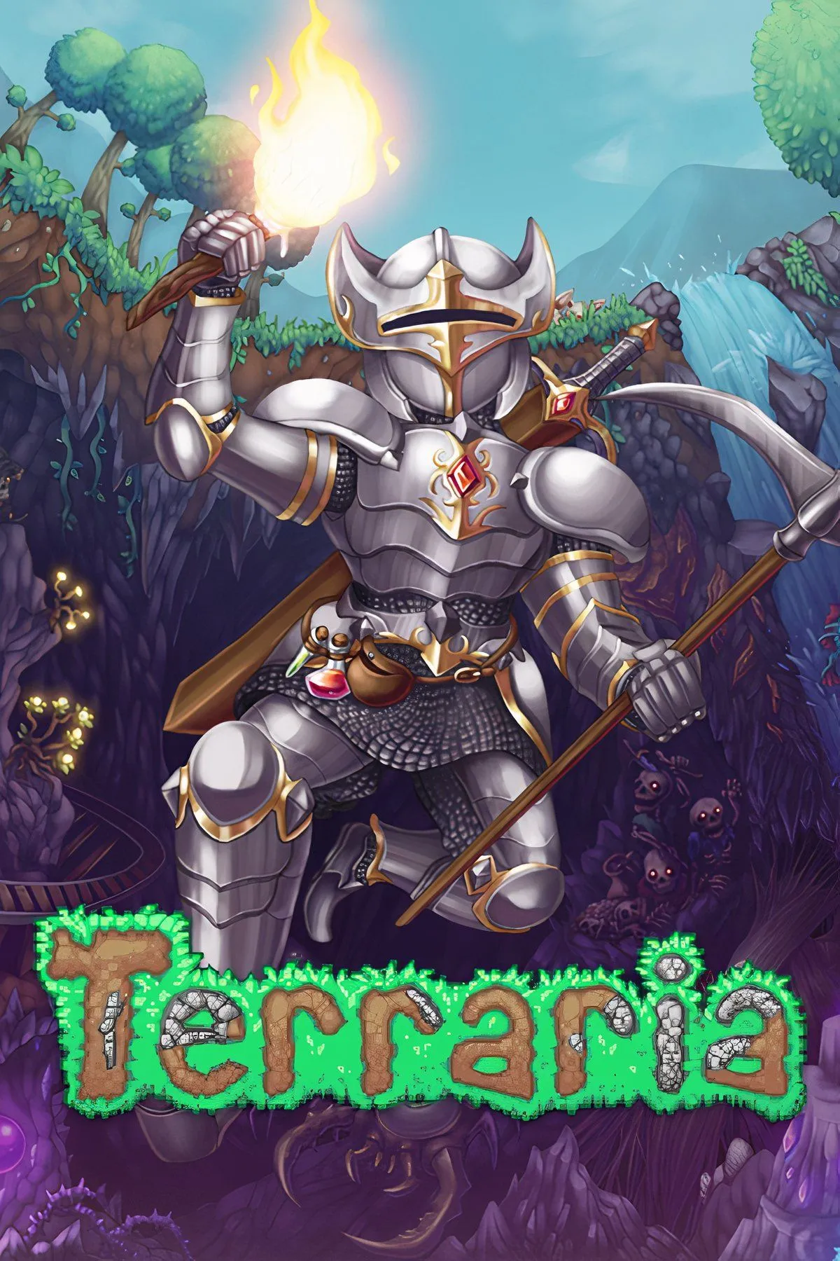 Người chơi khám phá thế giới rộng lớn trong game Terraria với các công trình xây dựng và quái vật đặc trưng