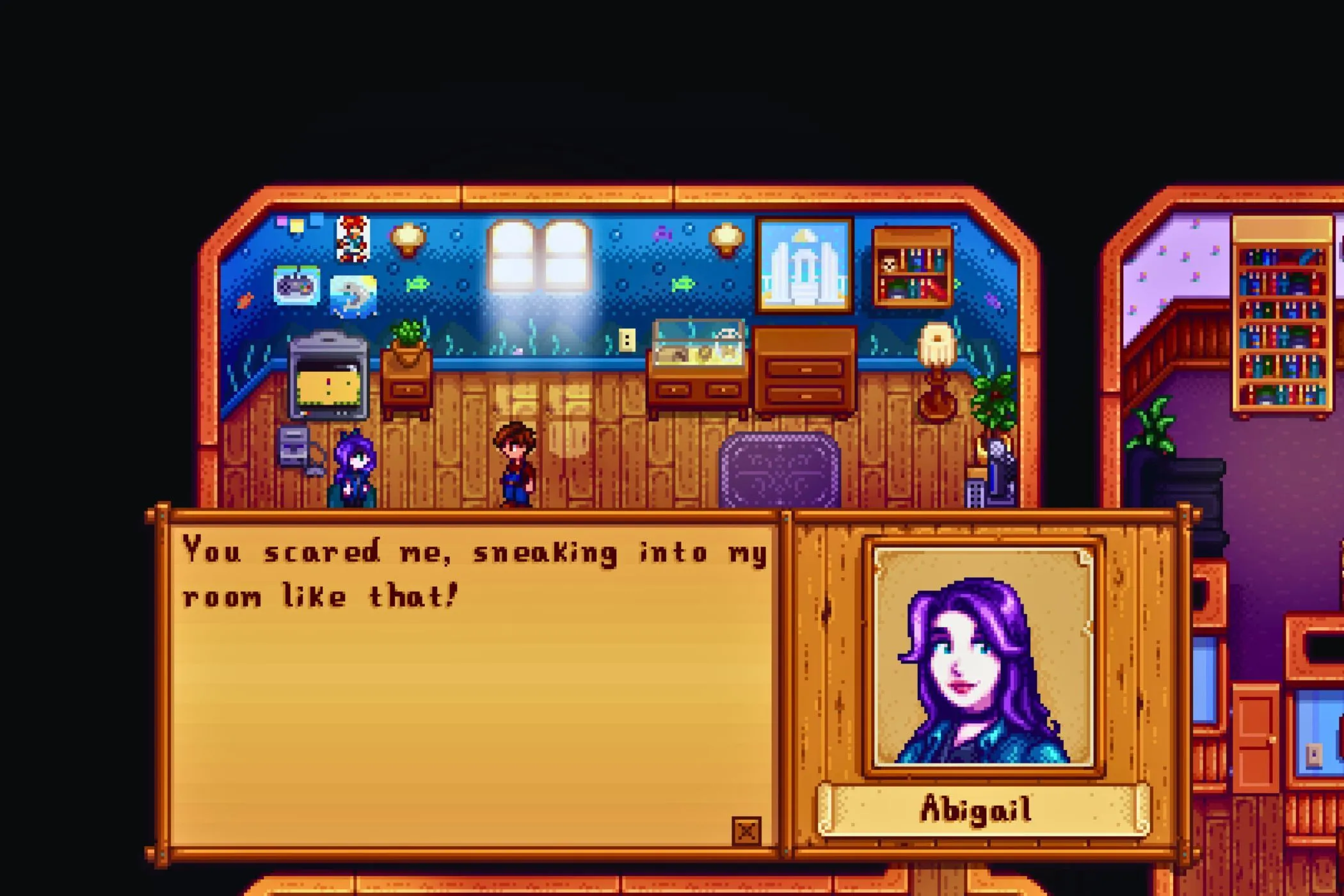 Người chơi Stardew Valley trò chuyện với Abigail trong nhà của cô ấy