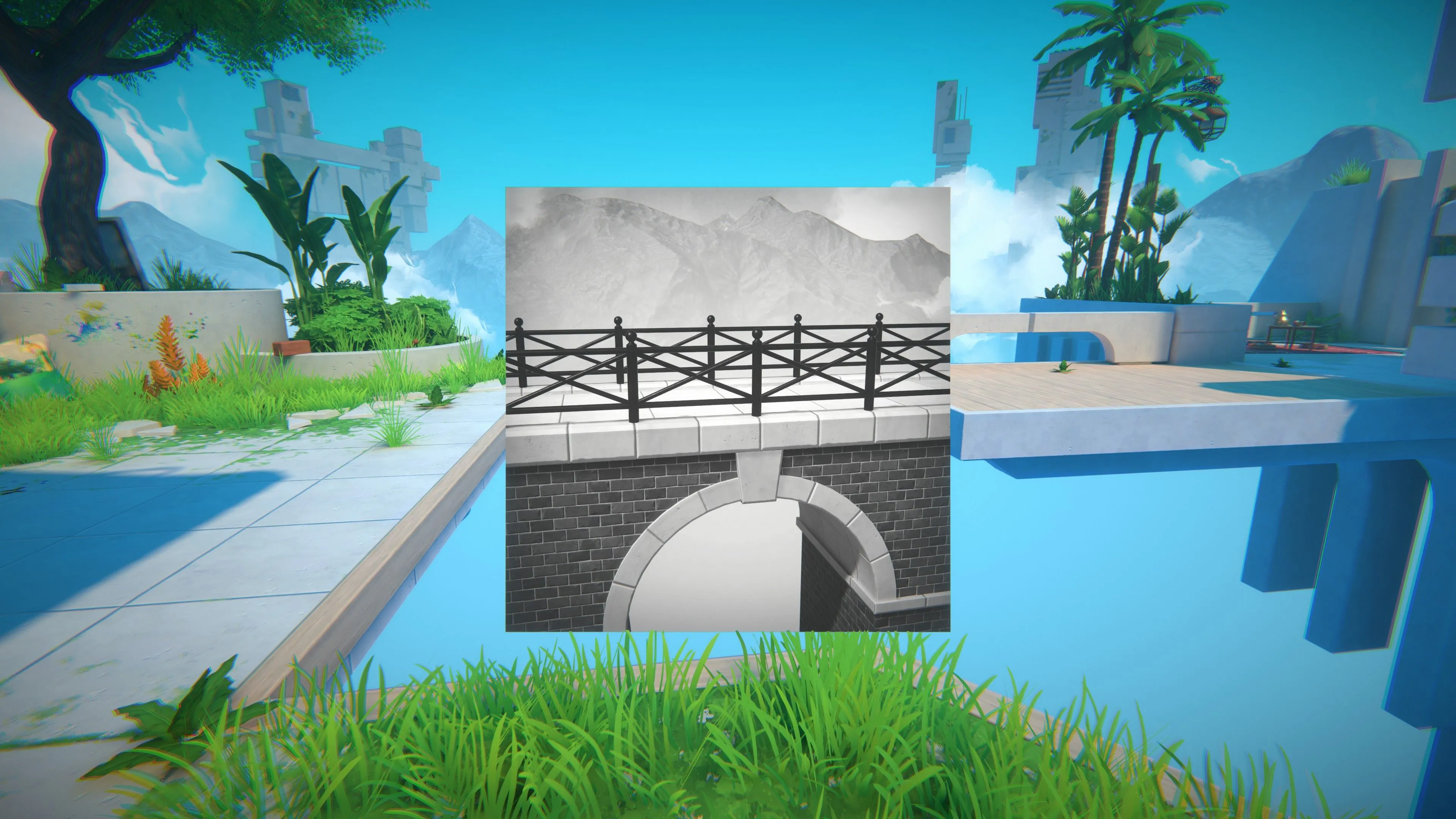 Người chơi sử dụng bức ảnh để tạo cây cầu vượt qua vực thẳm trong game Viewfinder