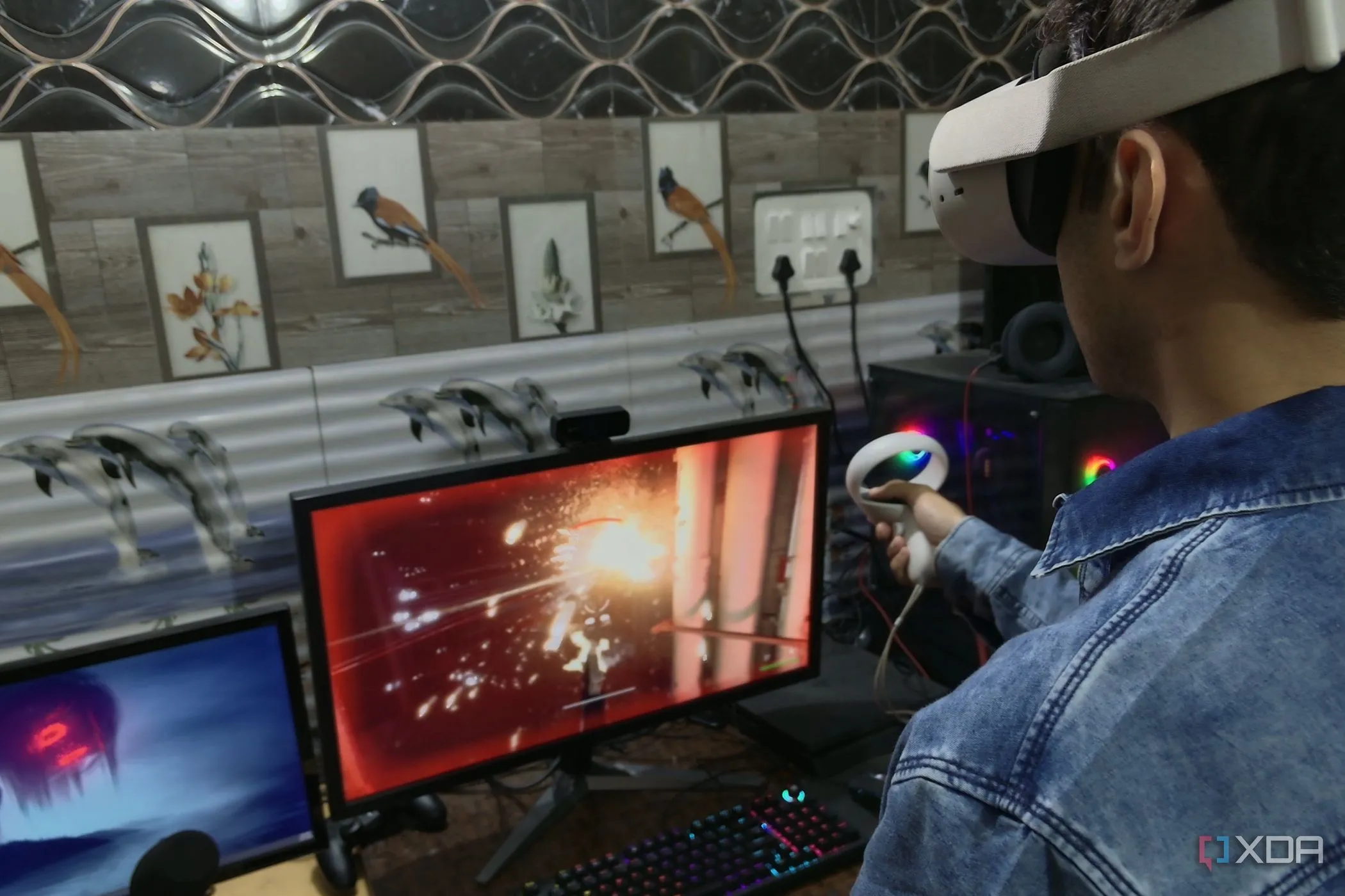 Người chơi trải nghiệm game Trepang2 trên kính thực tế ảo Meta Quest 2 với mod UEVR, thể hiện khả năng tùy biến game PC thành VR.