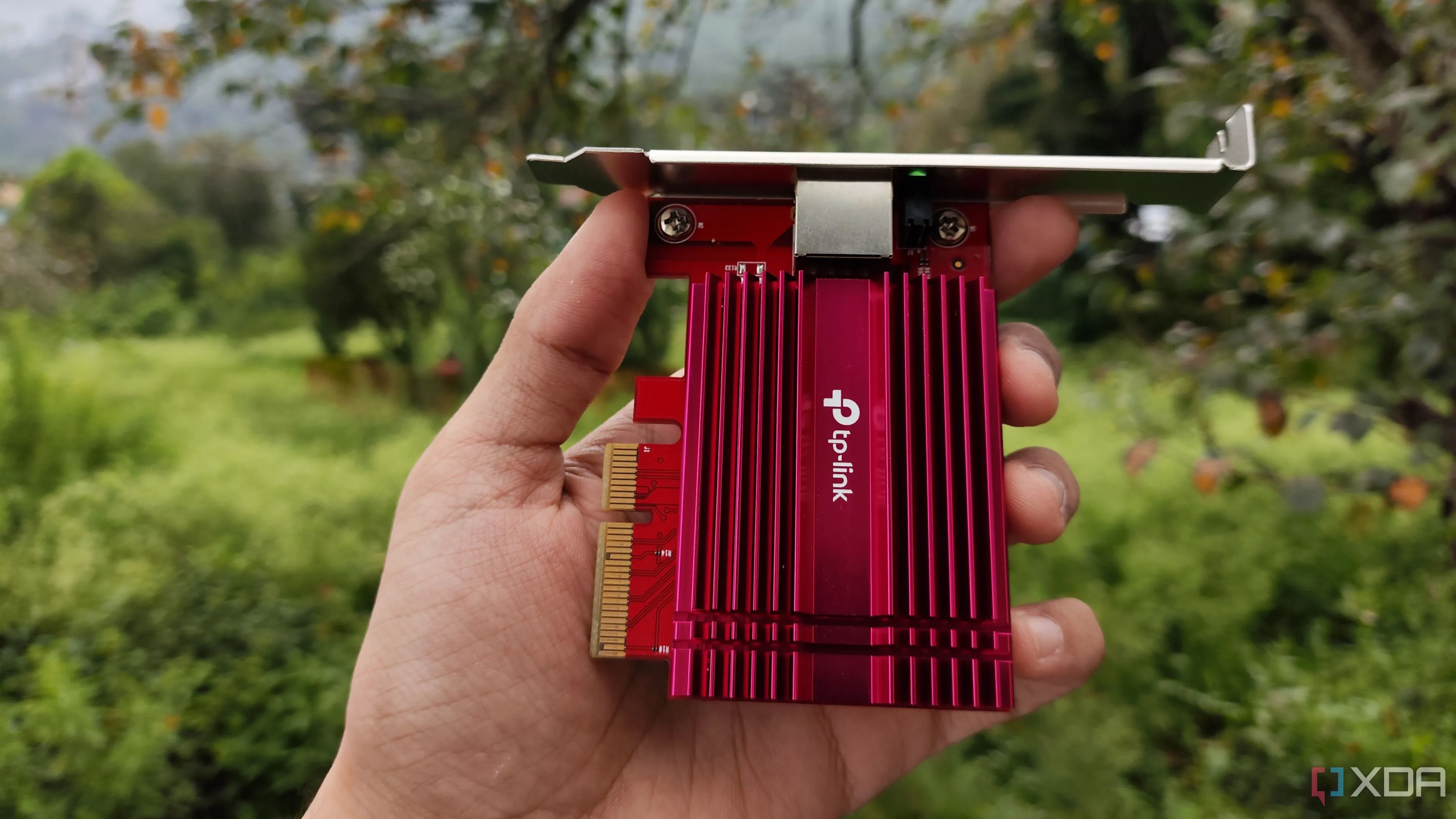 Người dùng cầm card mạng TP-Link 10G, minh họa khả năng tương thích driver rộng hơn cho OPNsense/pfSense khi ảo hóa