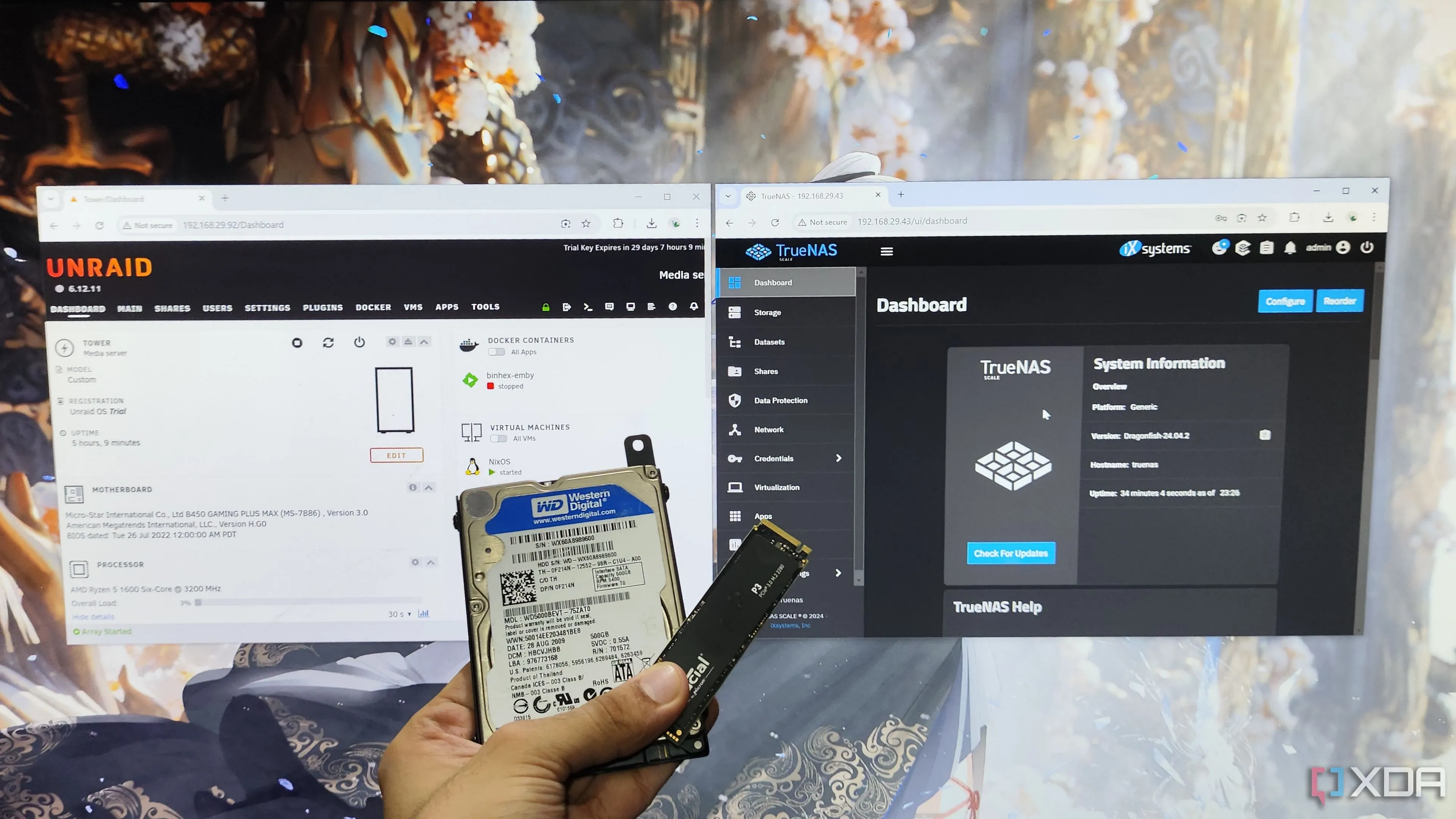 Người dùng cầm ổ cứng HDD và SSD trước màn hình hiển thị giao diện TrueNAS Scale và Unraid, thể hiện các lựa chọn cho giải pháp lưu trữ và backup