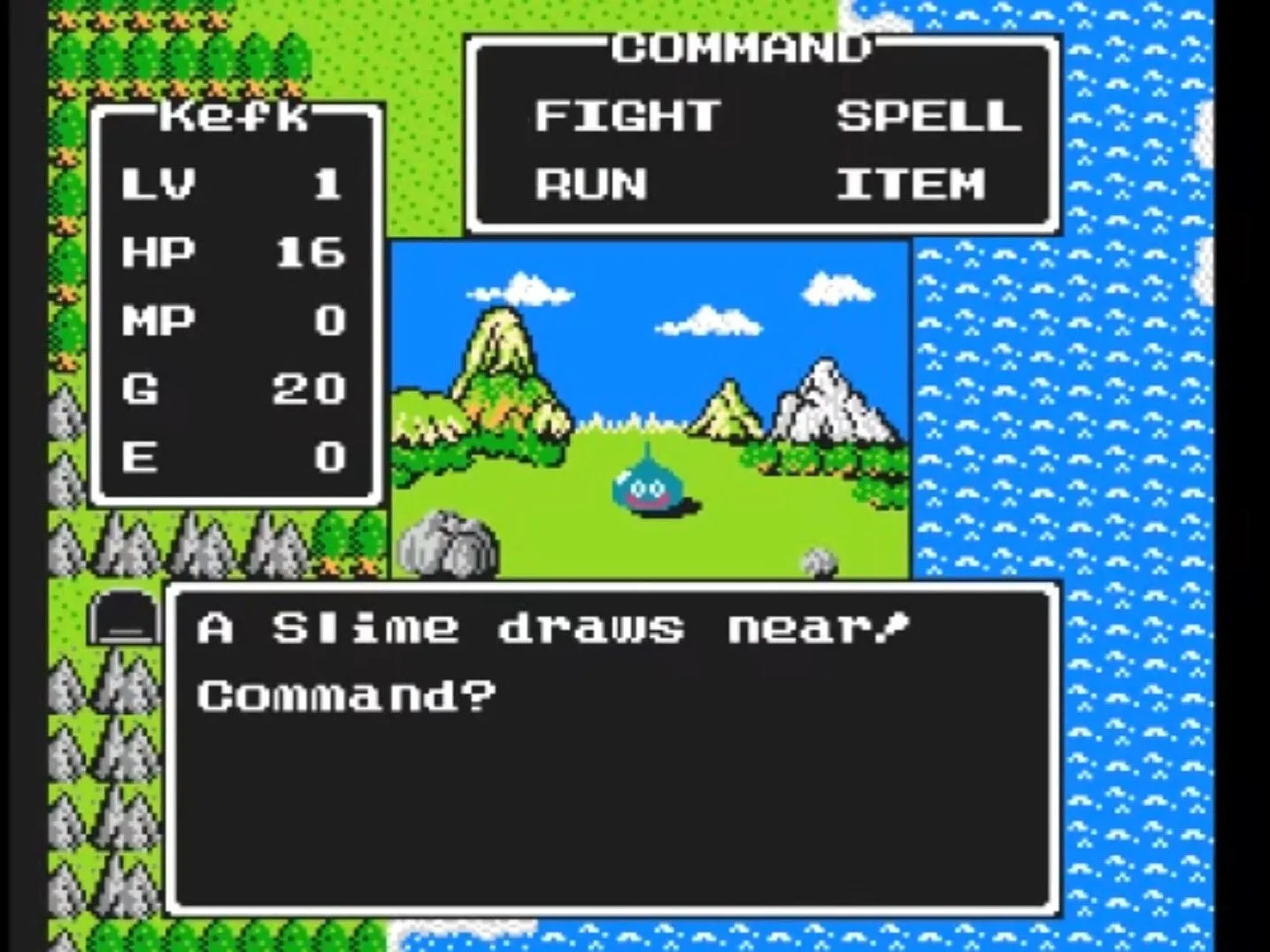 Người hùng đối mặt quái vật slime trong Dragon Warrior NES, một trong những tựa RPG thử thách nhất