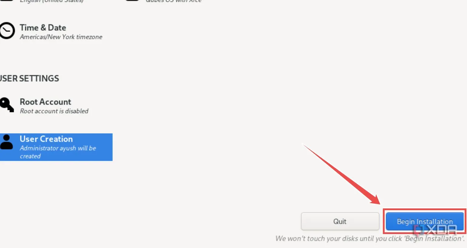 Nhấn nút 'Begin Installation' để khởi động quá trình cài đặt Qubes OS