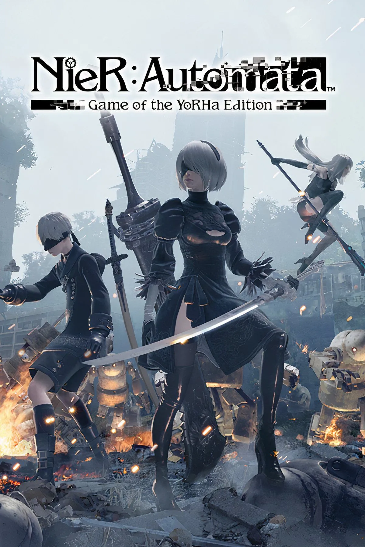 Nhân vật 2B của Nier: Automata với bối cảnh thành phố hoang tàn