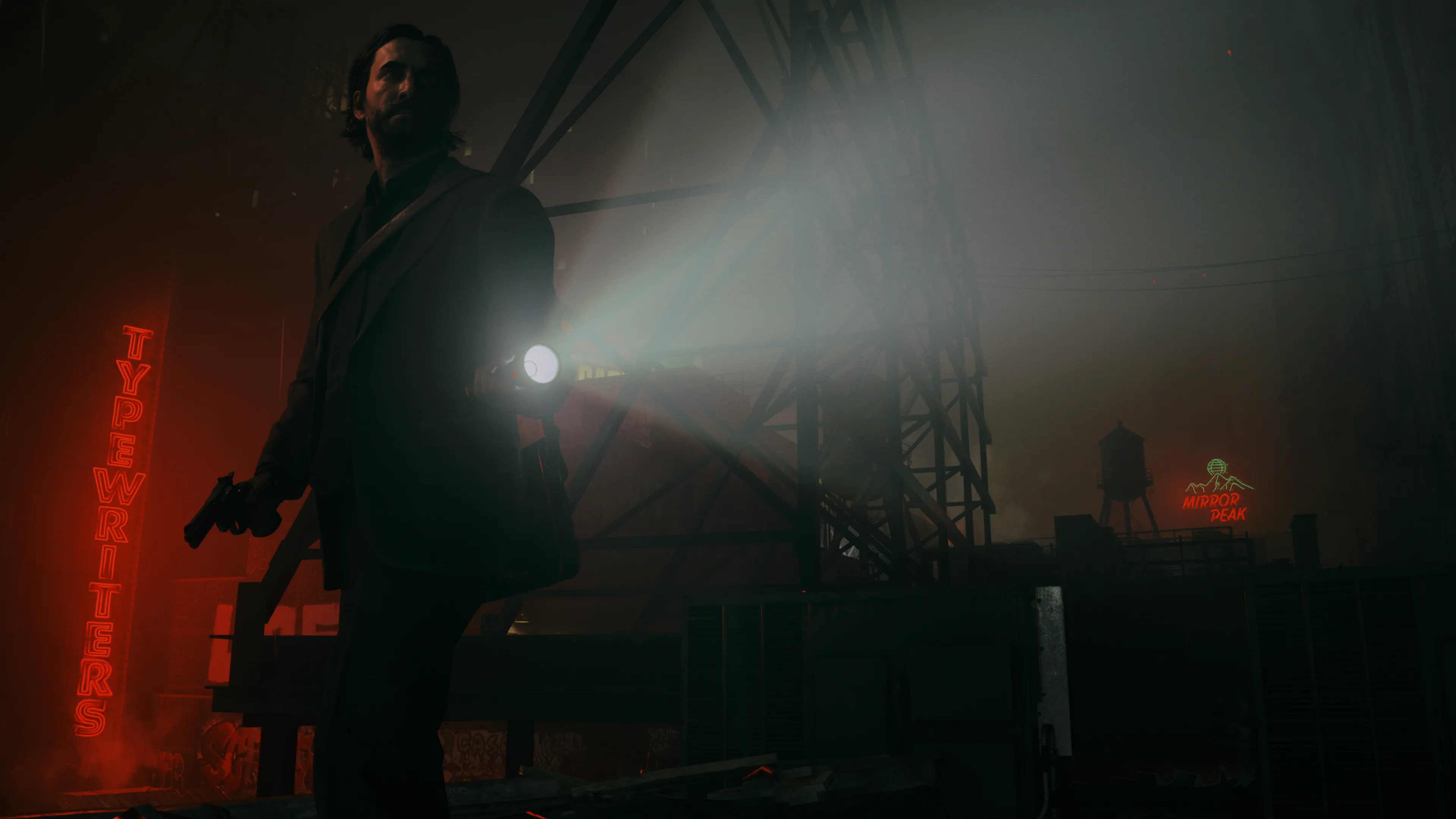 Nhân vật Alan Wake 2 cầm đèn pin chiếu sáng trong môi trường đồ họa chân thực