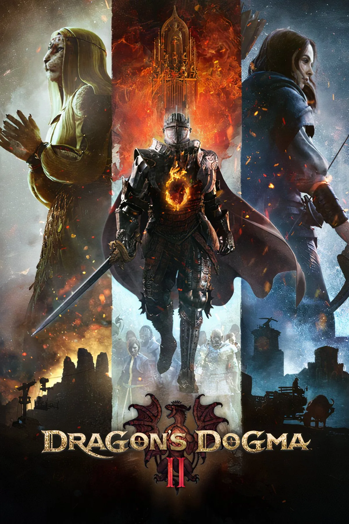 Nhân vật Arisen và các Pawn đang chiến đấu với quái vật khổng lồ trong thế giới fantasy của Dragon’s Dogma 2.