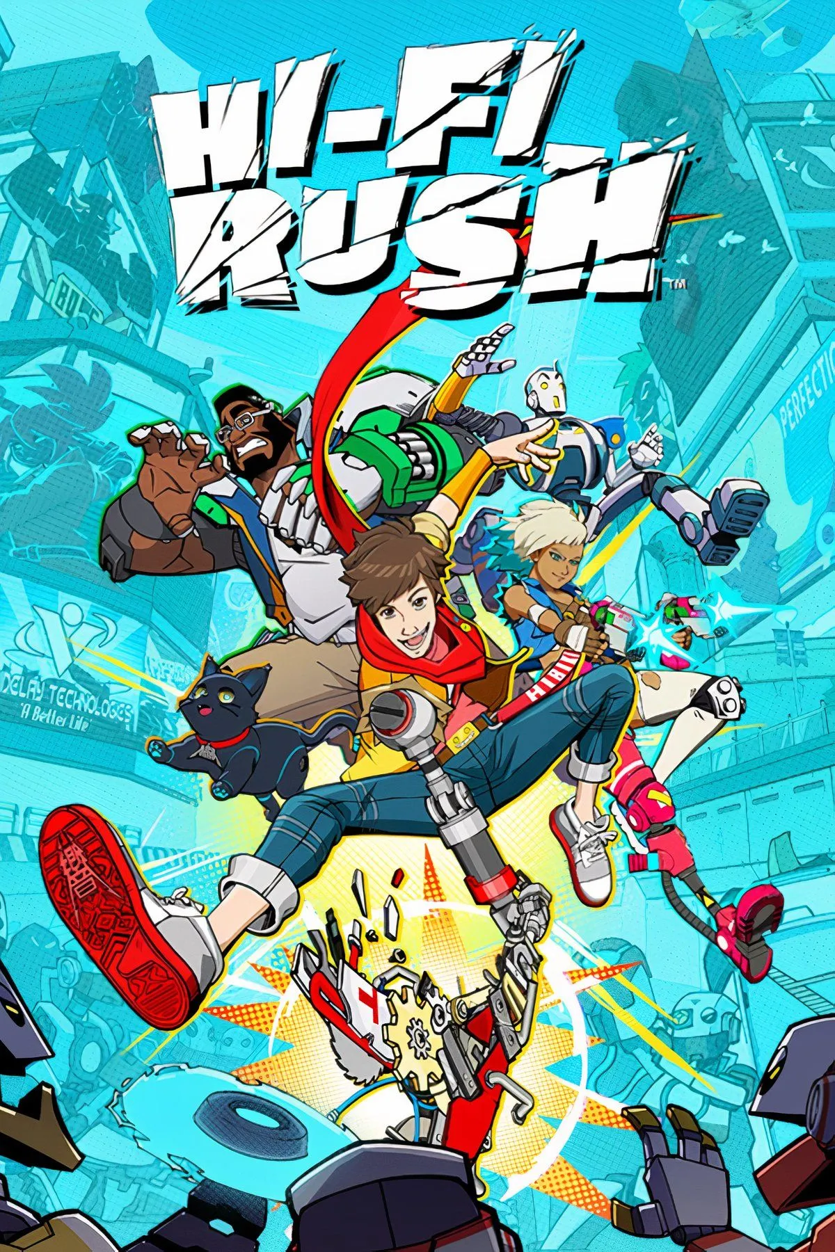 Nhân vật chính Chai và mèo 808 của game Hi-Fi Rush trong tư thế sẵn sàng chiến đấu theo điệu nhạc sôi động