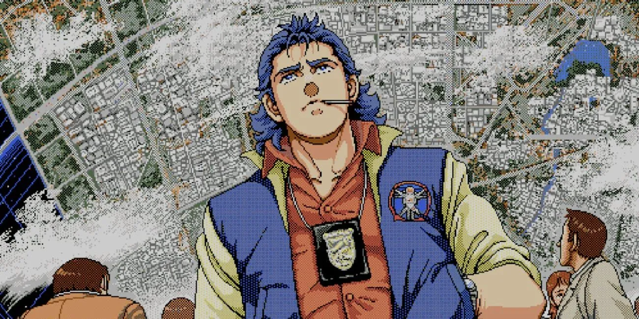 Nhân vật chính Jonathan Ingram trong game Policenauts với bản đồ thuộc địa vũ trụ phía sau, một tựa game PS1 phiêu lưu của Hideo Kojima chỉ phát hành tại Nhật Bản.