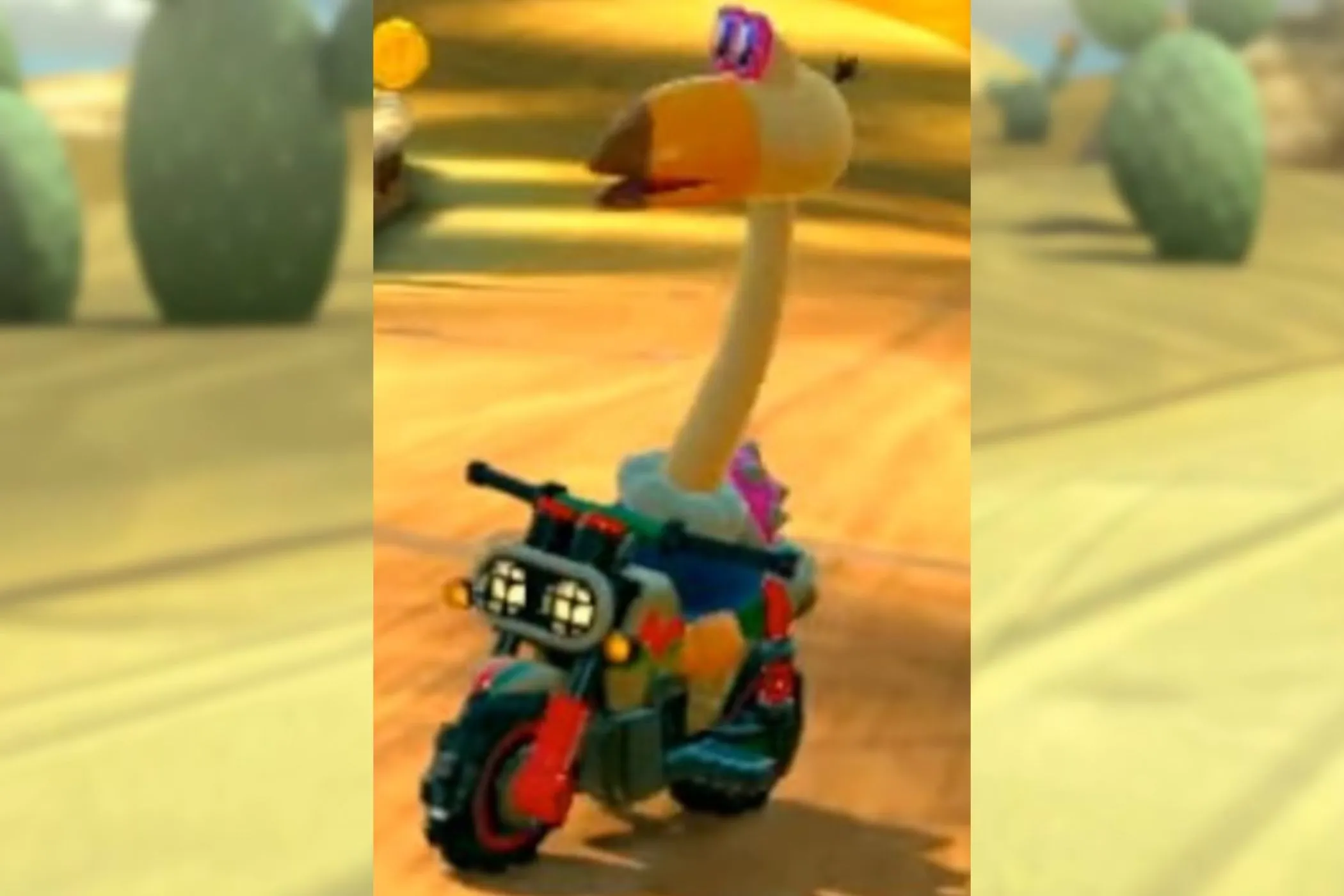 Nhân vật Conkdor với thân hình độc đáo đang lái xe vượt sa mạc trong tựa game Mario Kart World
