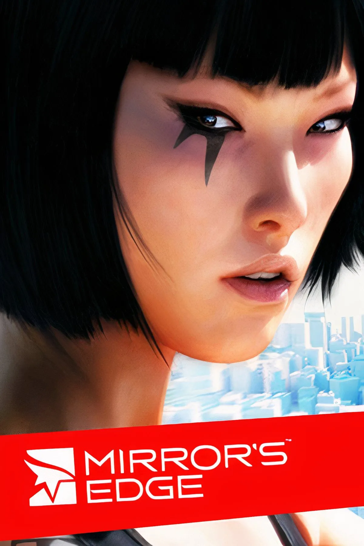 Nhân vật Faith đang thực hiện động tác parkour trên mái nhà cao tầng trong Mirror's Edge, thể hiện gameplay góc nhìn thứ nhất mượt mà ở 60 FPS.