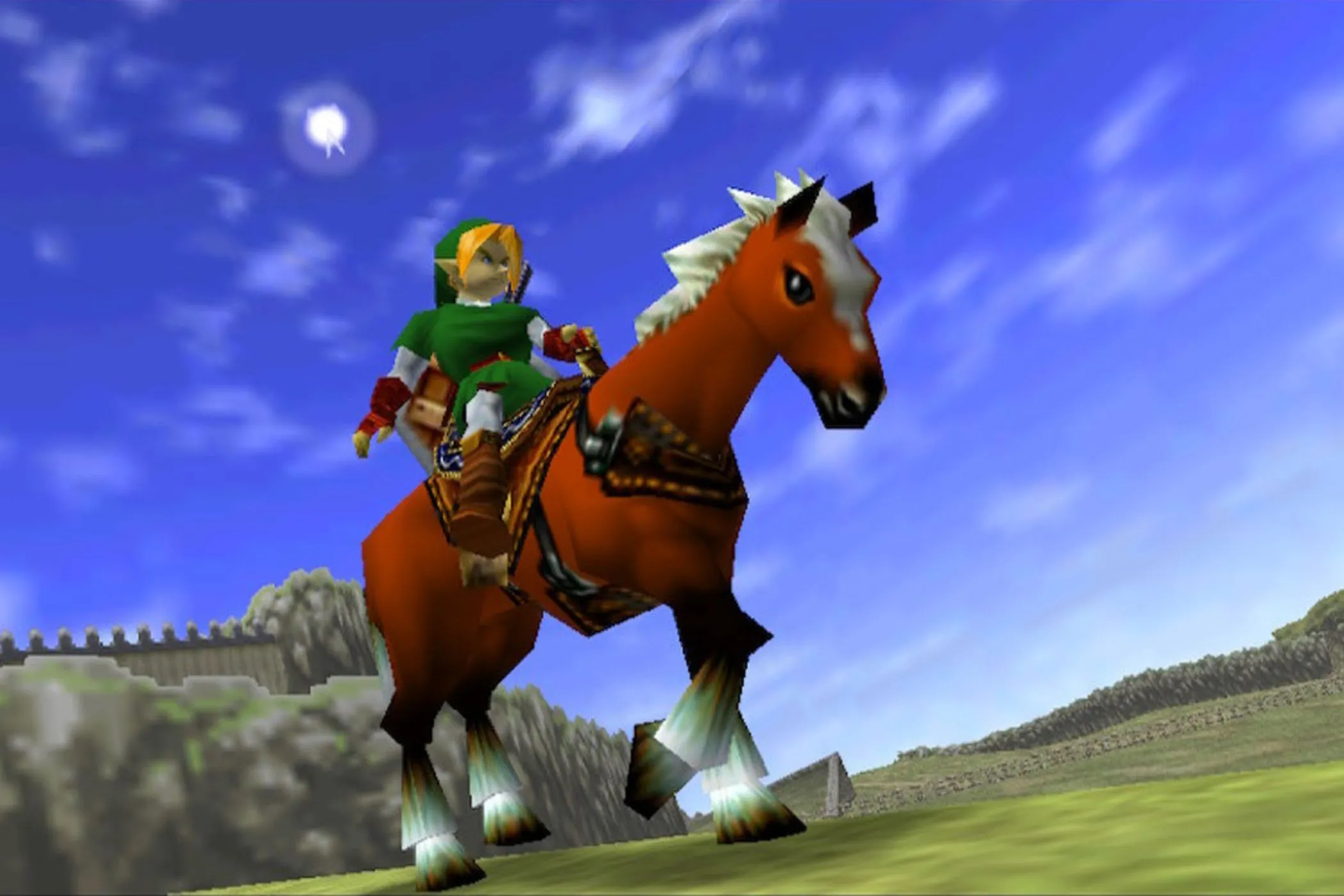 Nhân vật Link cưỡi ngựa Epona trong The Legend of Zelda: Ocarina of Time, tựa game tiên phong với cơ chế khóa mục tiêu Z-Targeting.