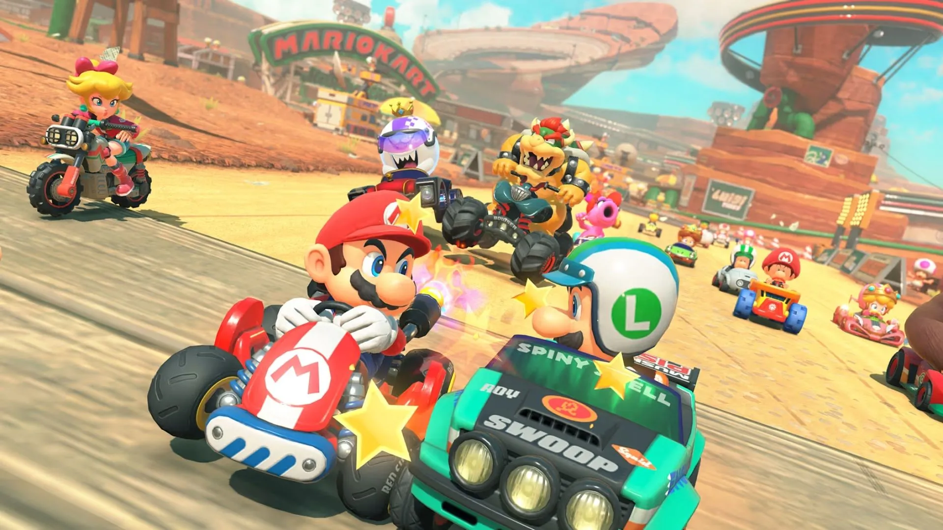 Nhân vật Mario đang drift xe trên đường đua trong game Mario Kart World
