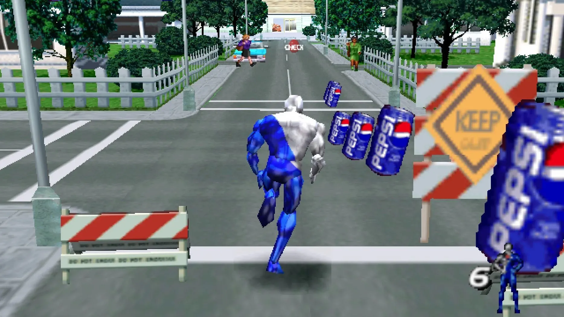 Nhân vật Pepsiman đang chạy trên đường phố, thu thập lon Pepsi và tránh chướng ngại vật trong tựa game hành động độc đáo trên PS1.