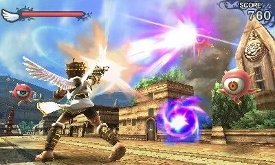 Nhân vật Pit chiến đấu trên không trong Kid Icarus Uprising trên Nintendo 3DS