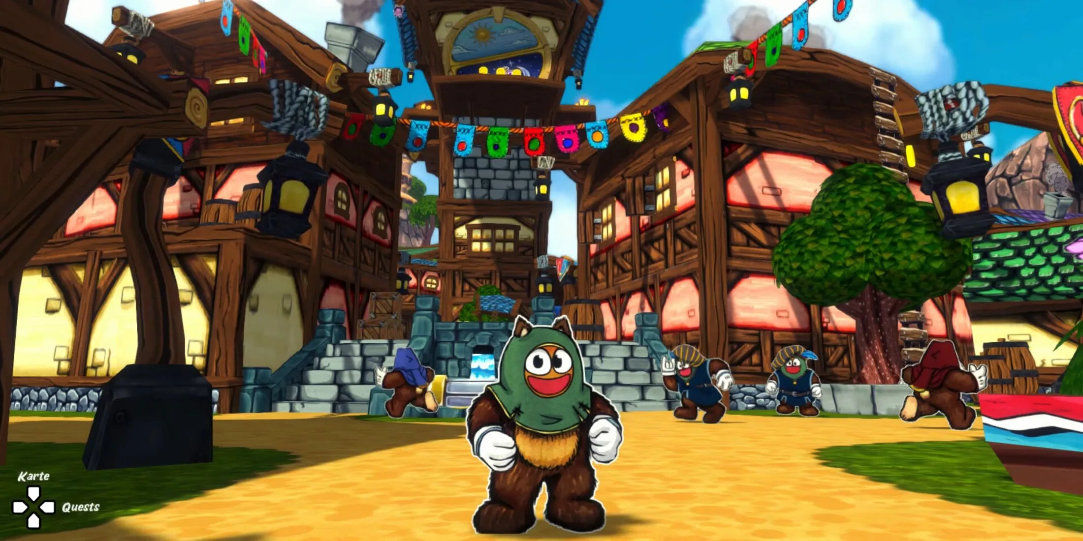 Nhân vật Ruffy đứng trước một thị trấn sống động trong thế giới game Ruffy and the Riverside, thể hiện môi trường mở để khám phá.