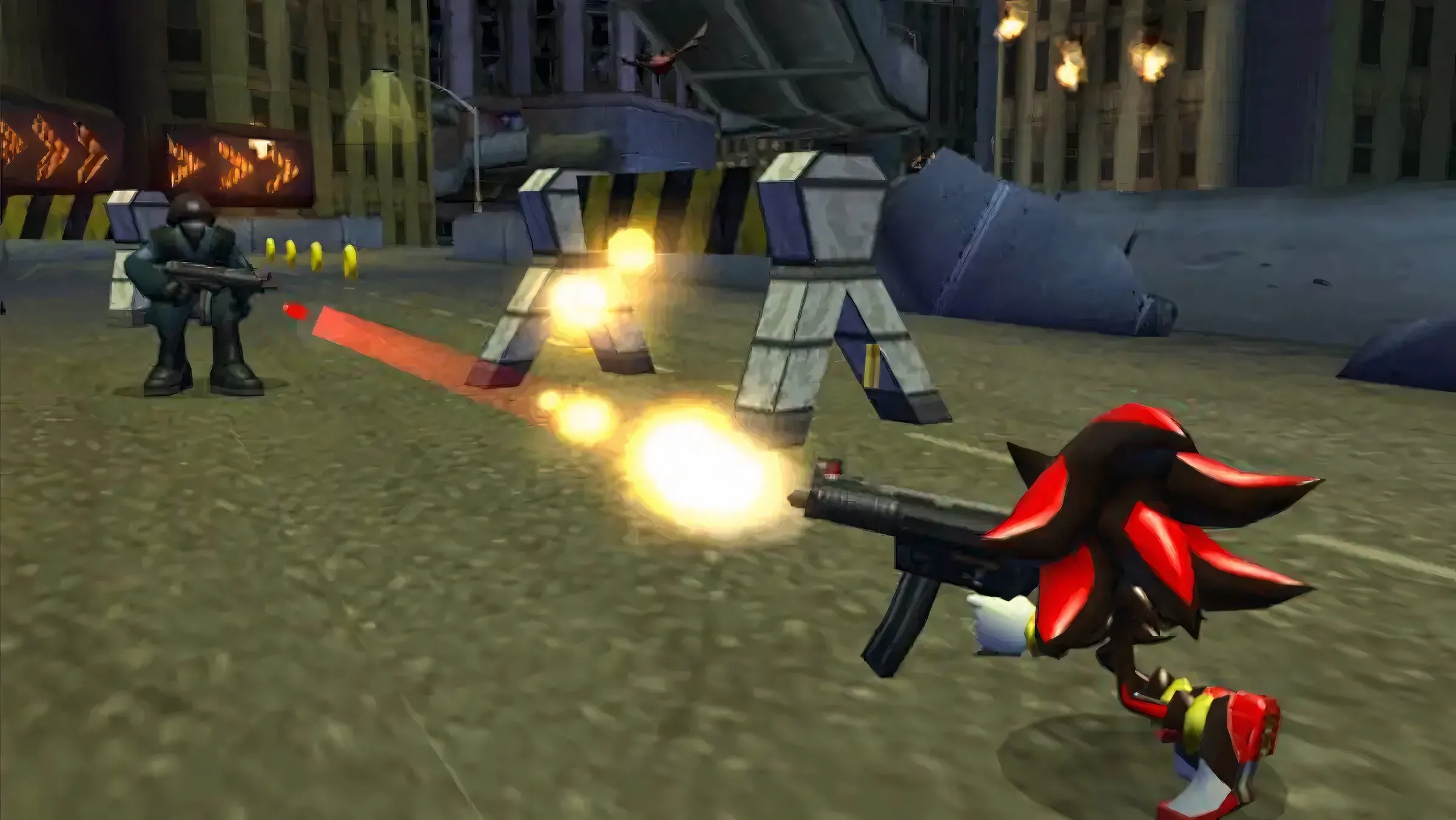 Nhân vật Shadow the Hedgehog cầm súng trong game, thể hiện phong cách bụi bặm, đen tối phù hợp với nhạc nền rock của game Shadow the Hedgehog.