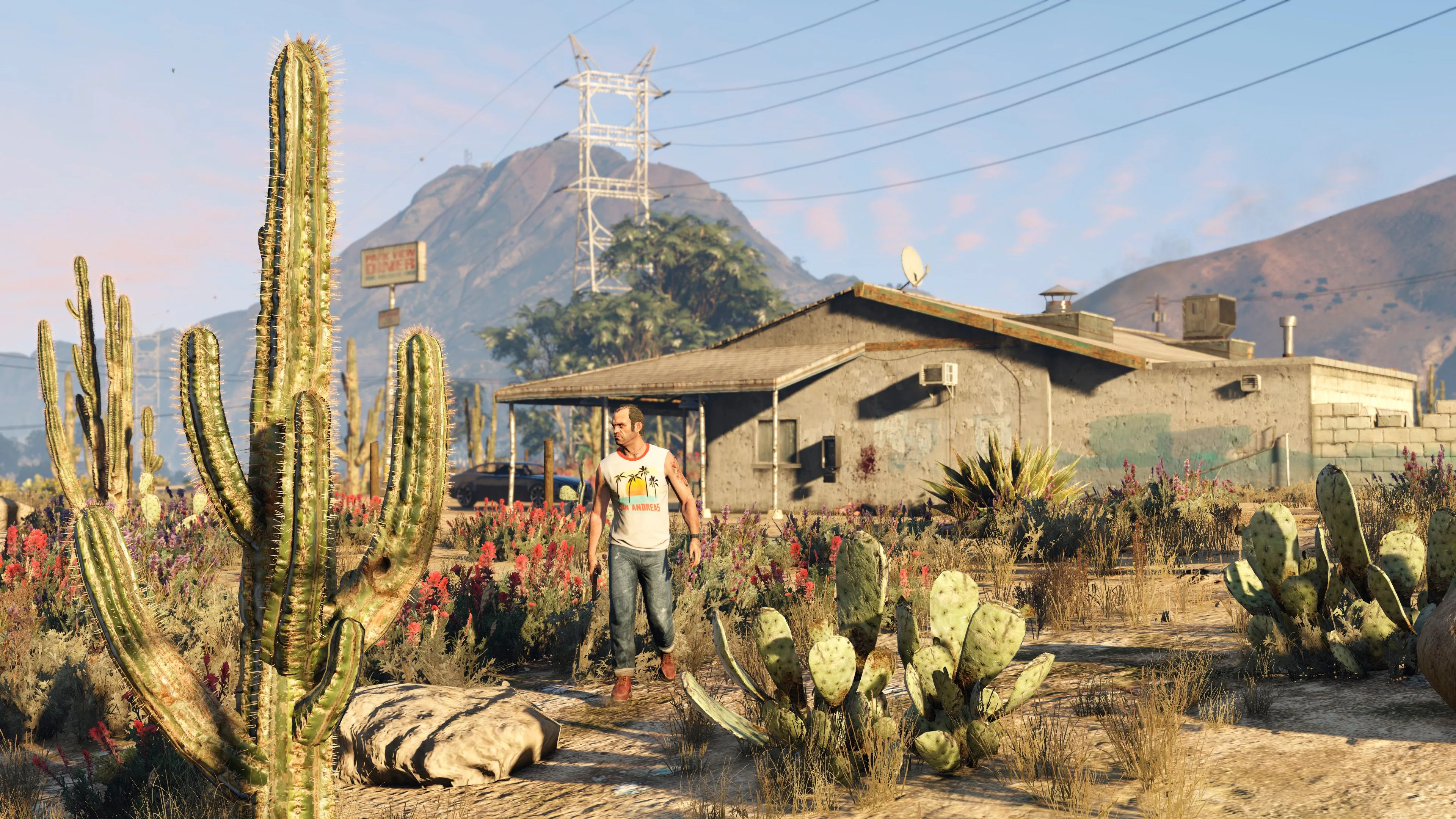 Nhân vật Trevor Philips trong Grand Theft Auto V tại Blaine County, tượng trưng cho tài nguyên phát triển nhân vật và cốt truyện của Rockstar.
