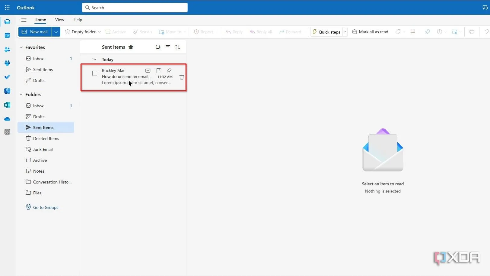 Nhấp đúp vào email đã gửi để mở trong cửa sổ riêng biệt của Outlook