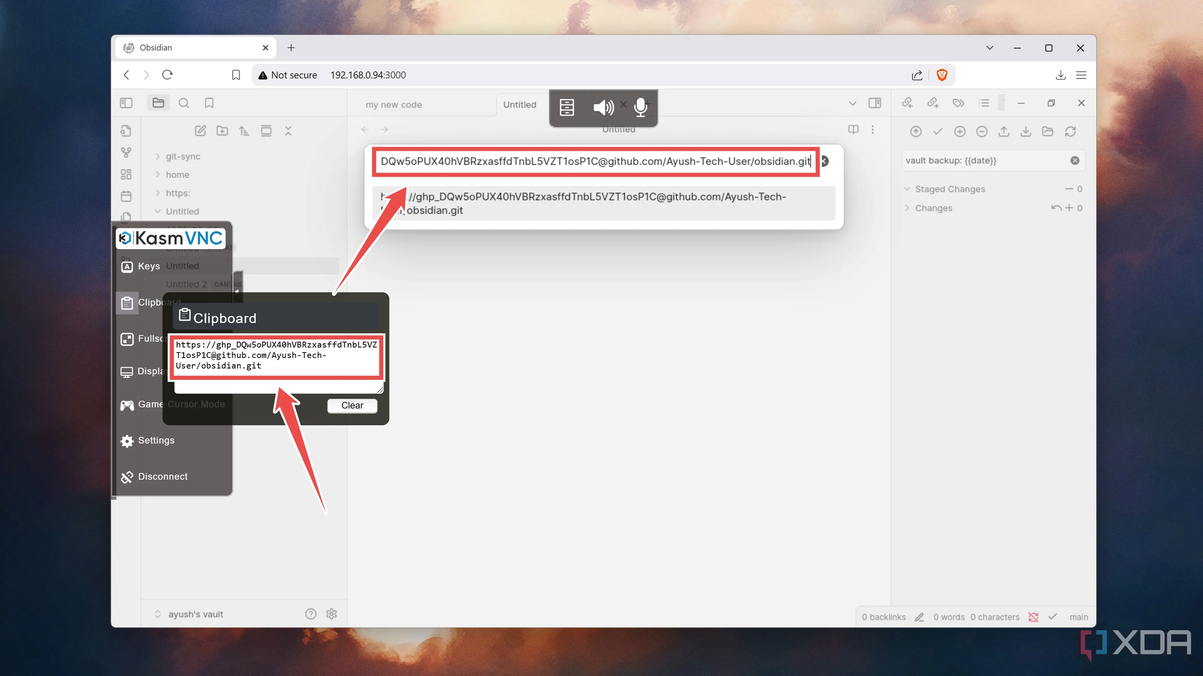 Nhập mã thông báo truy cập GitHub và URL kho lưu trữ vào Obsidian