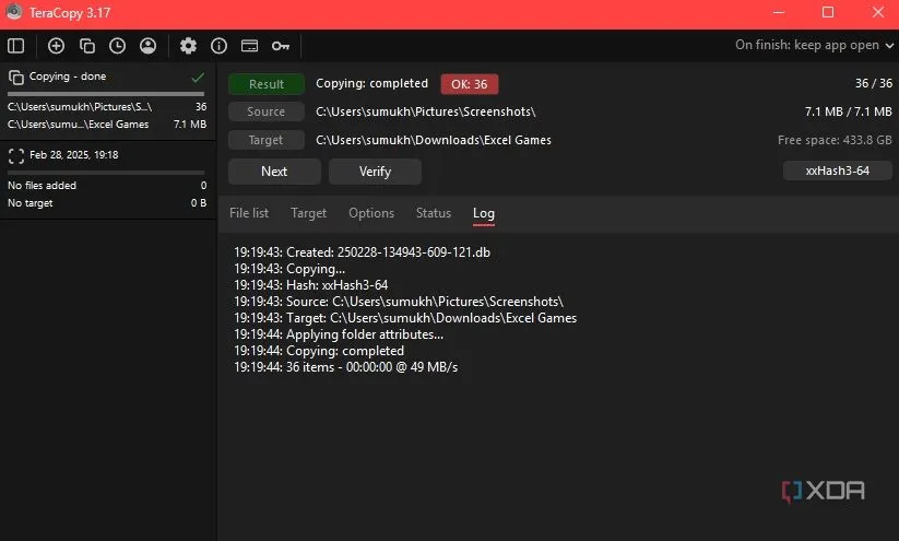Nhật ký sao chép file trên TeraCopy, hiển thị chi tiết các tác vụ đã hoàn thành và lỗi nếu có.