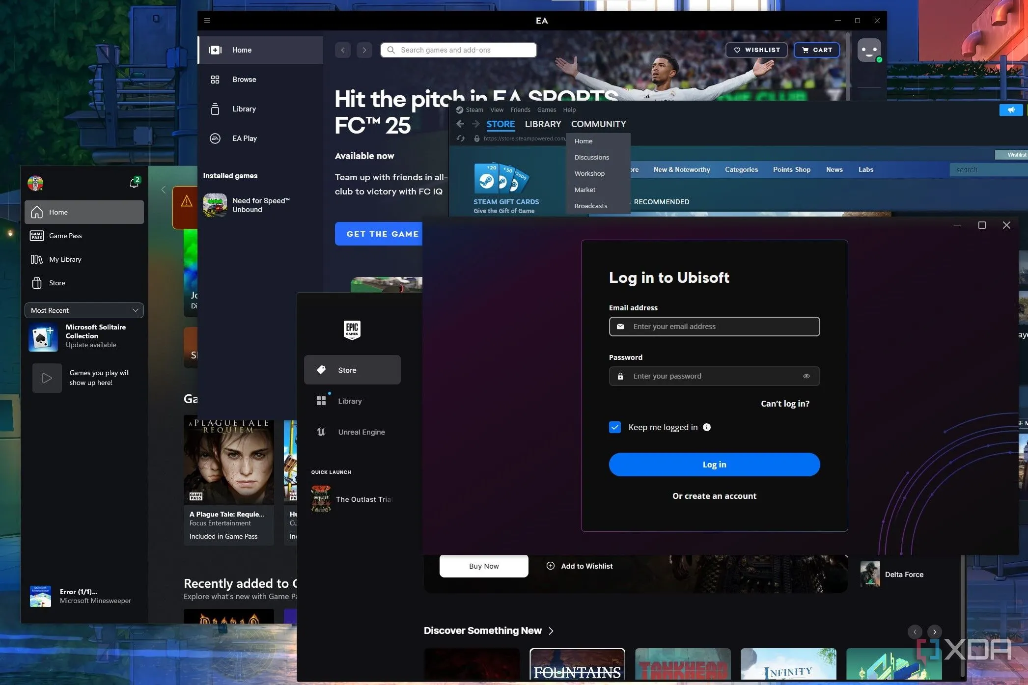 Nhiều launcher game phổ biến như Steam, Epic Games, Xbox, Ubisoft Connect đang hoạt động đồng thời trên máy tính Windows, thể hiện sự phức tạp của hệ sinh thái game PC.