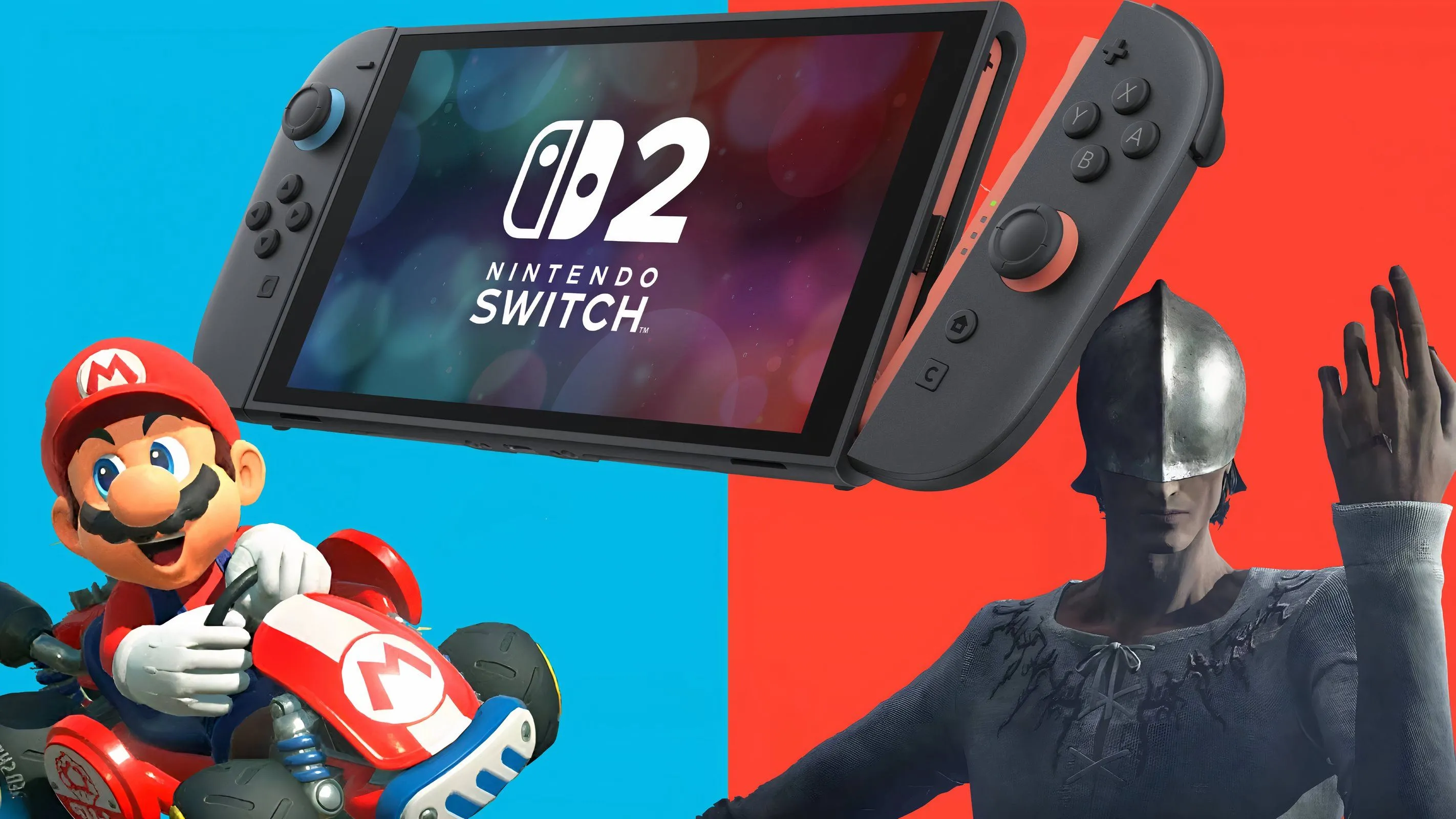 Nintendo Switch 2 cùng Mario và một nhân vật từ The Duskbloods, minh họa cho game độc quyền.