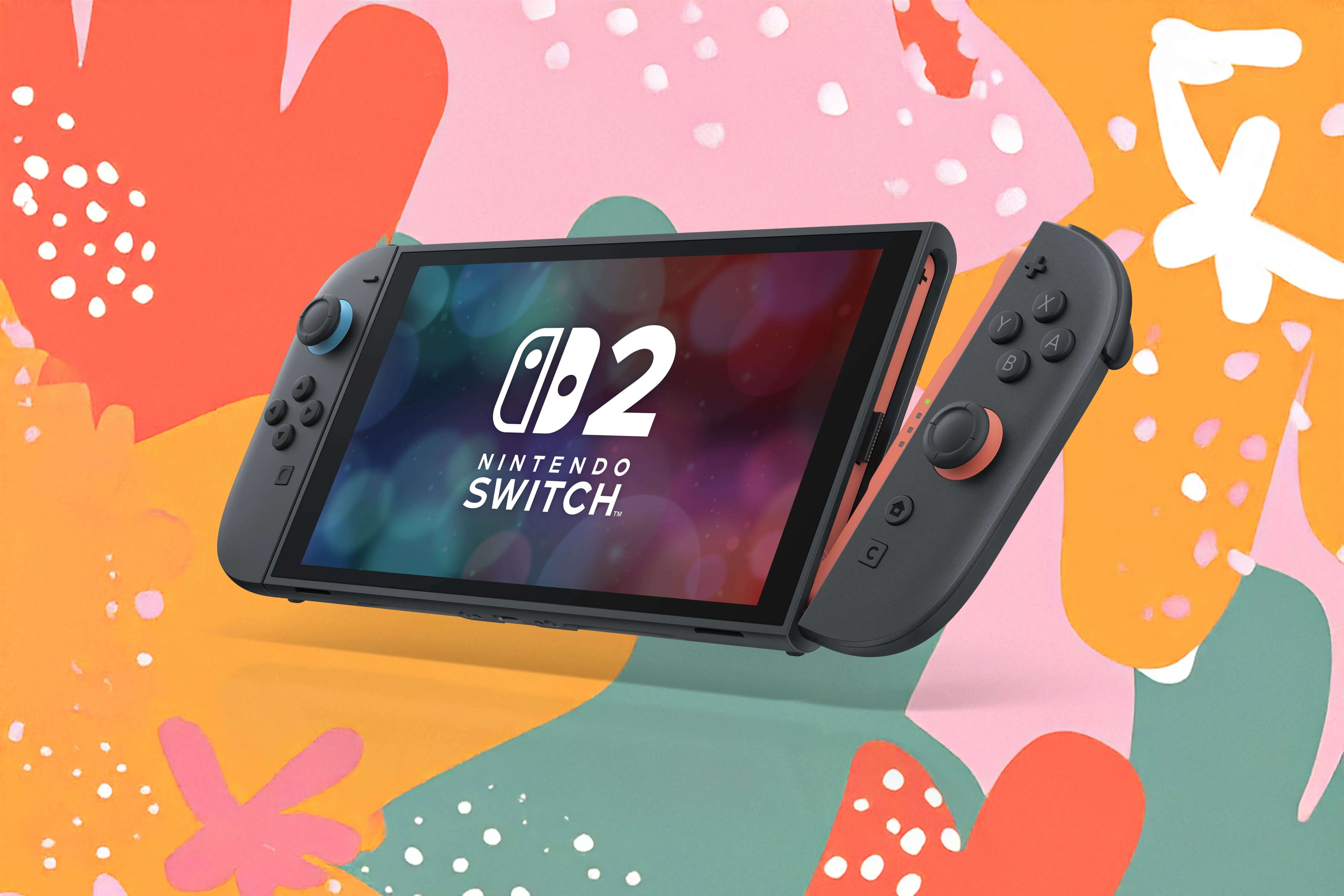Nintendo Switch 2 với một trong các Joy-Con 2 đang tháo rời trên nền đầy màu sắc