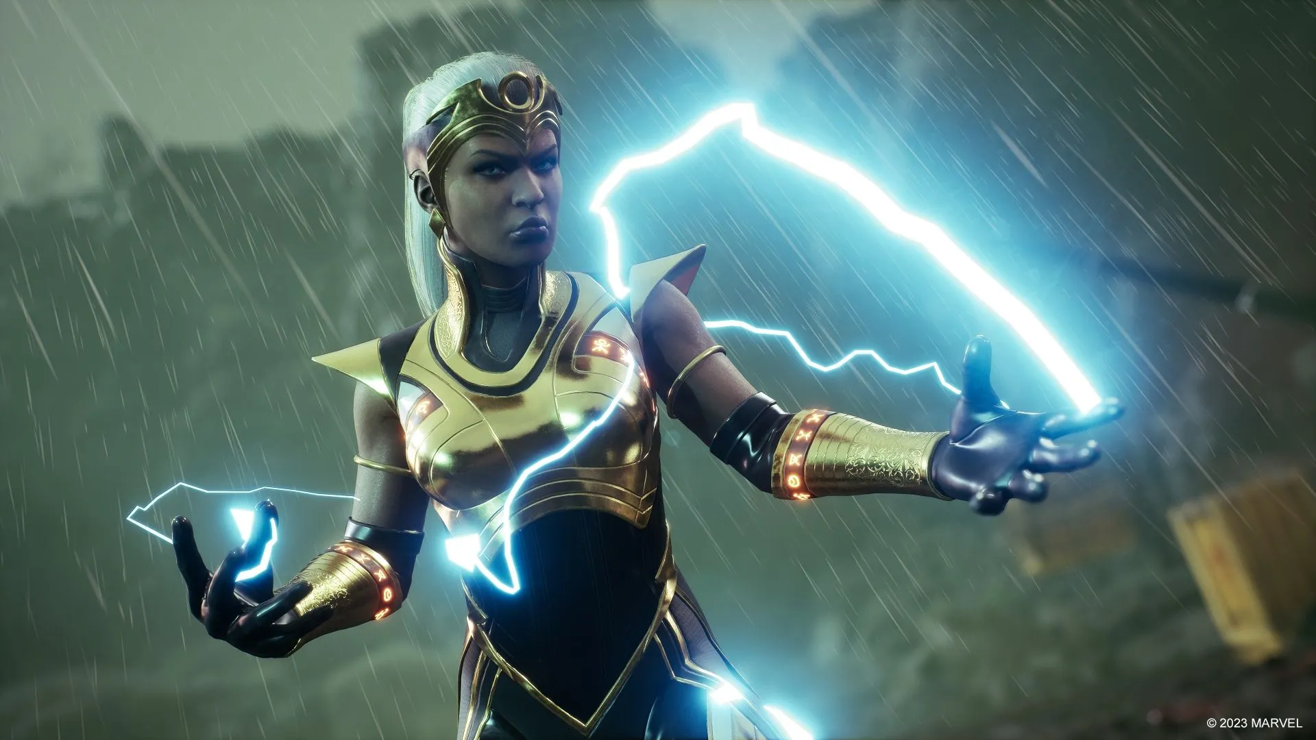 Nữ anh hùng Storm sử dụng sức mạnh trong game Marvel's Midnight Suns với trang phục đặc trưng.