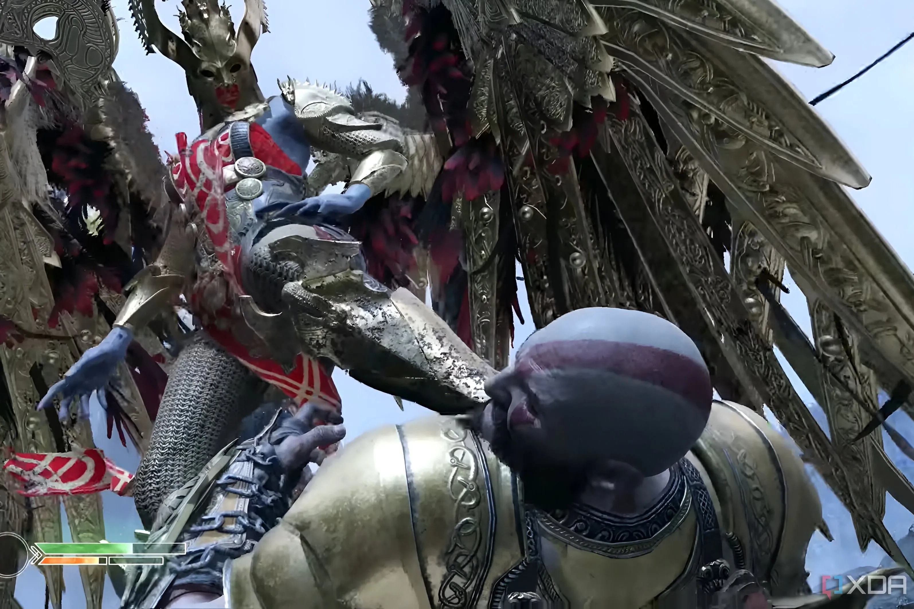 Nữ hoàng Valkyrie Sigrun trong God of War (2018) giẫm chân lên Kratos