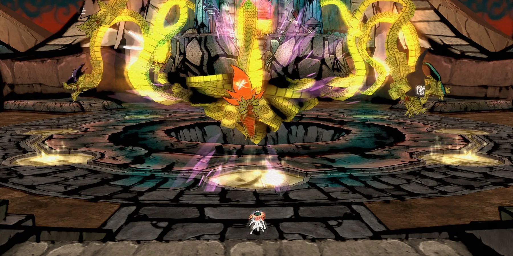 Nữ thần Amaterasu đối mặt với trùm trong Okami, tái hiện thần thoại Nhật Bản