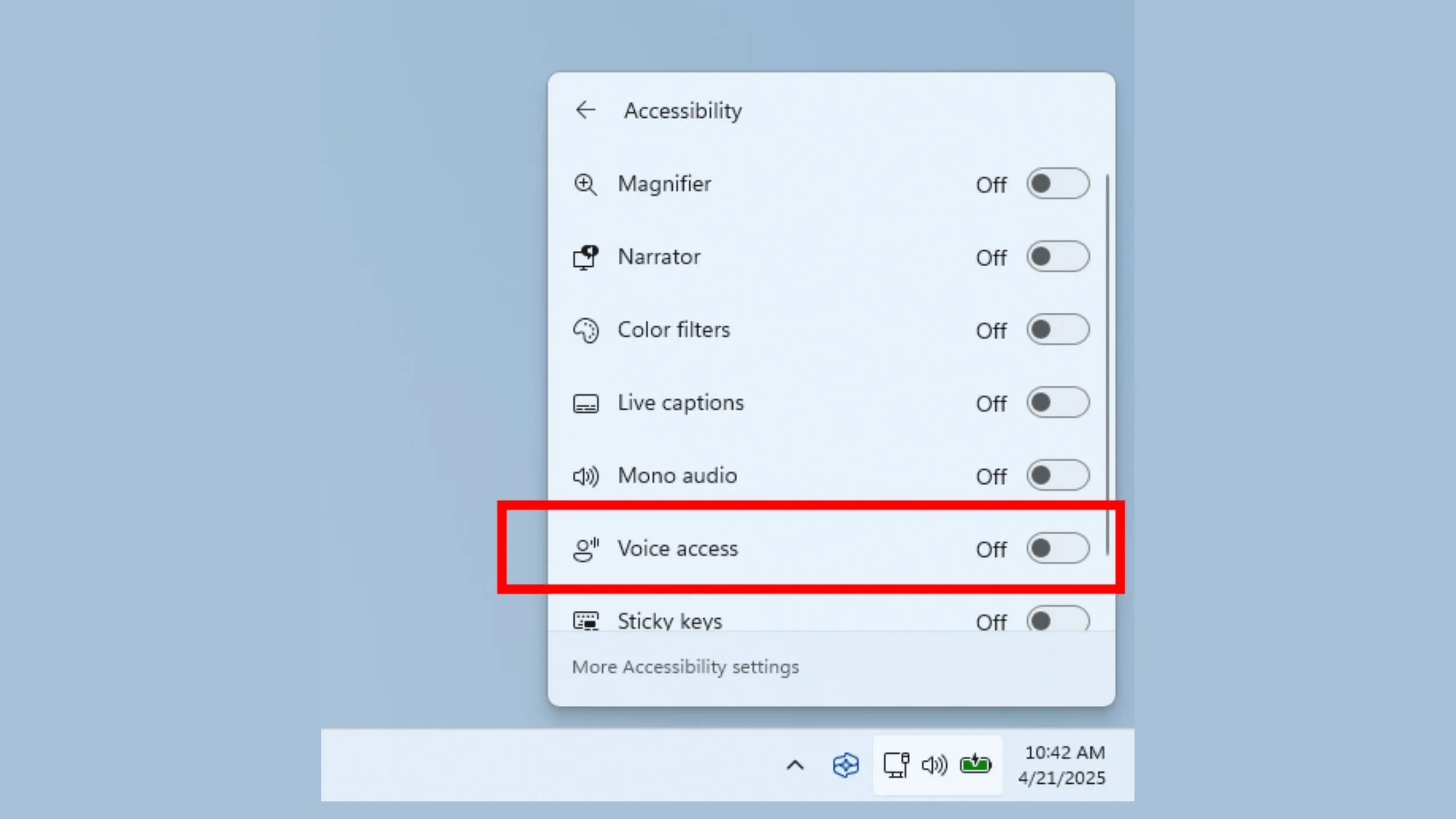 Nút bật tắt tính năng Voice Access hiện đã có trong menu Accessibility của Quick Actions trên thanh tác vụ Windows 11