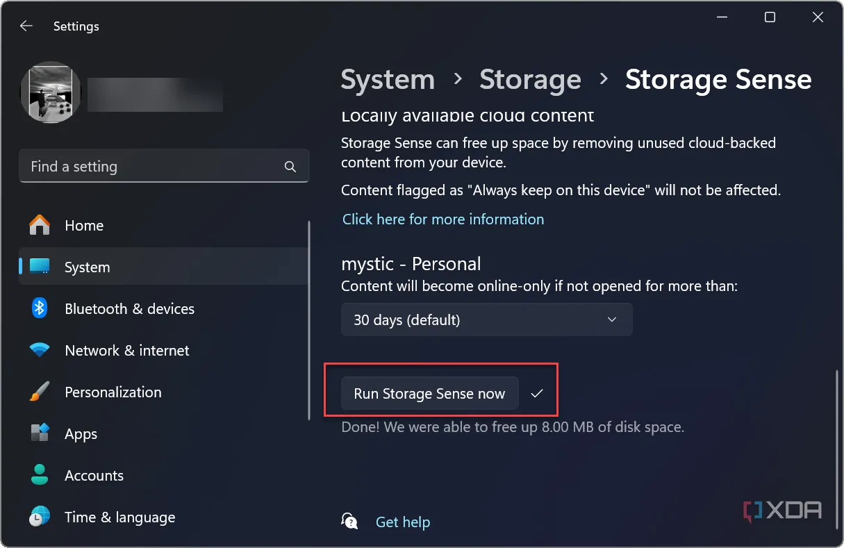 Nút &quot;Run Storage Sense now&quot; để quản lý Files On-Demand qua Storage Sense trên Windows 11