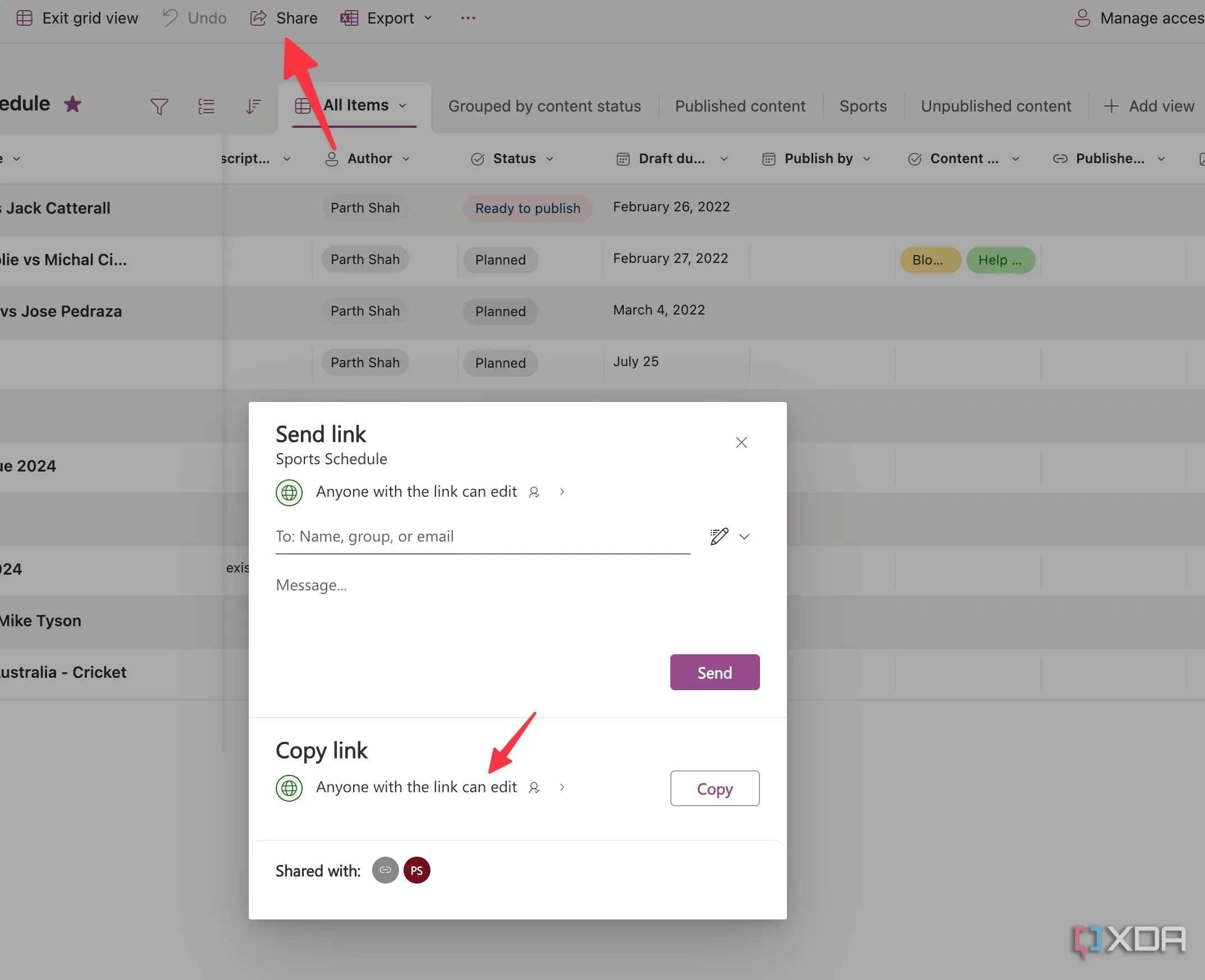 Nút 'Share' trên giao diện Microsoft Lists, dùng để chia sẻ danh sách với người khác