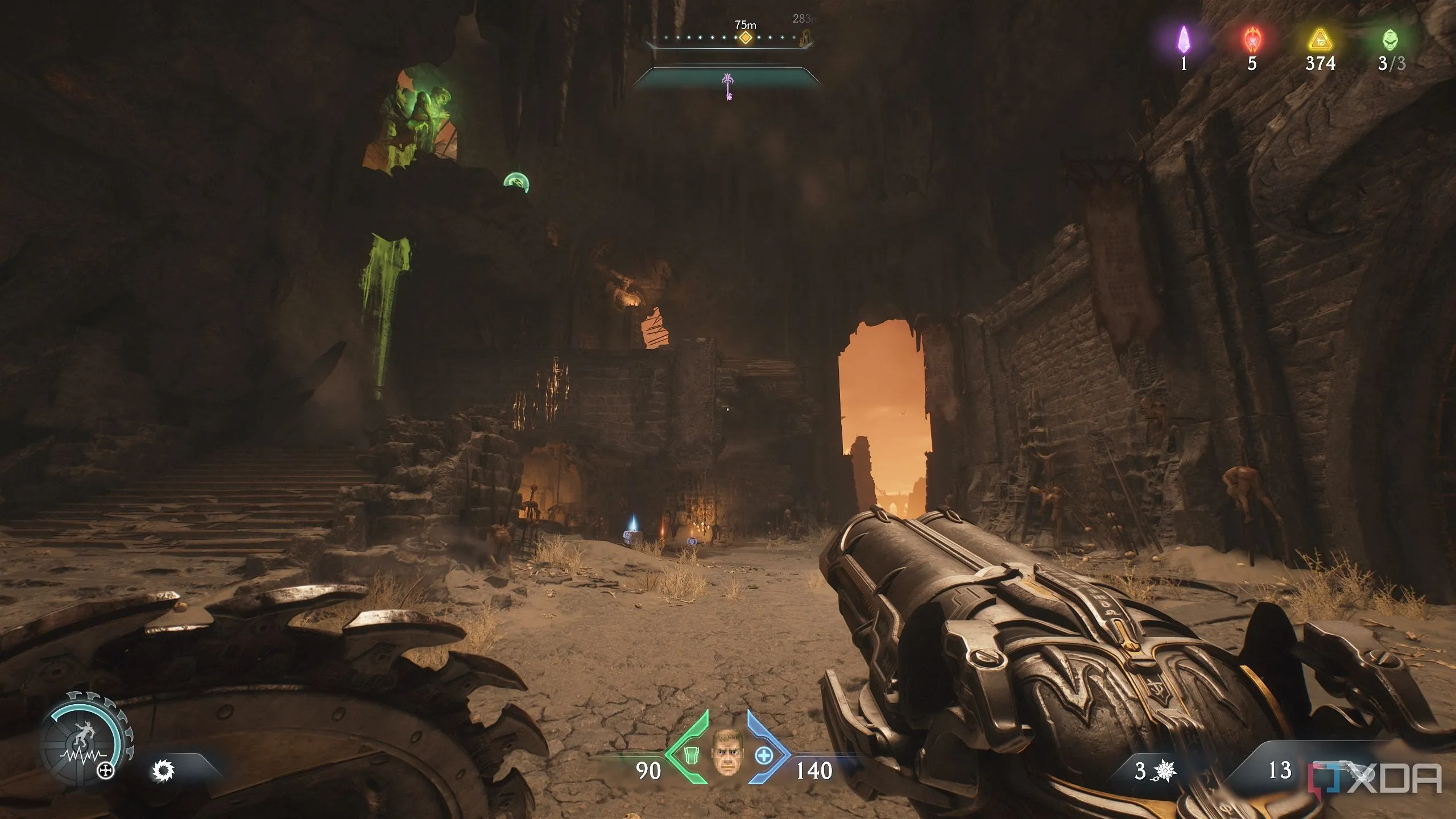 Nút thịt xanh trên cao trong Doom: The Dark Ages, thể hiện môi trường game u tối.