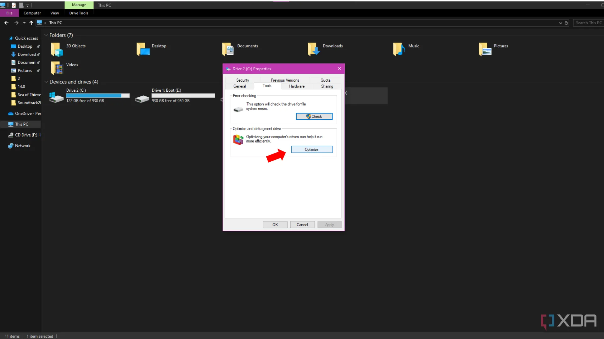 Nút "Tối ưu hóa" trong cửa sổ thuộc tính ổ đĩa trên hệ điều hành Windows