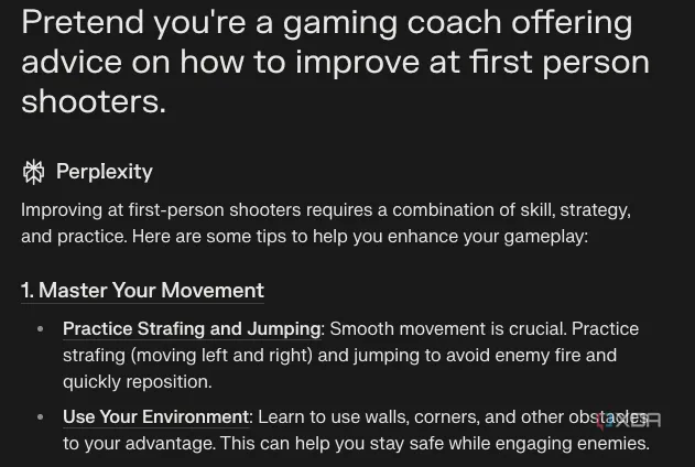 Perplexity AI đóng vai trò huấn luyện viên game, minh họa khả năng đóng vai.