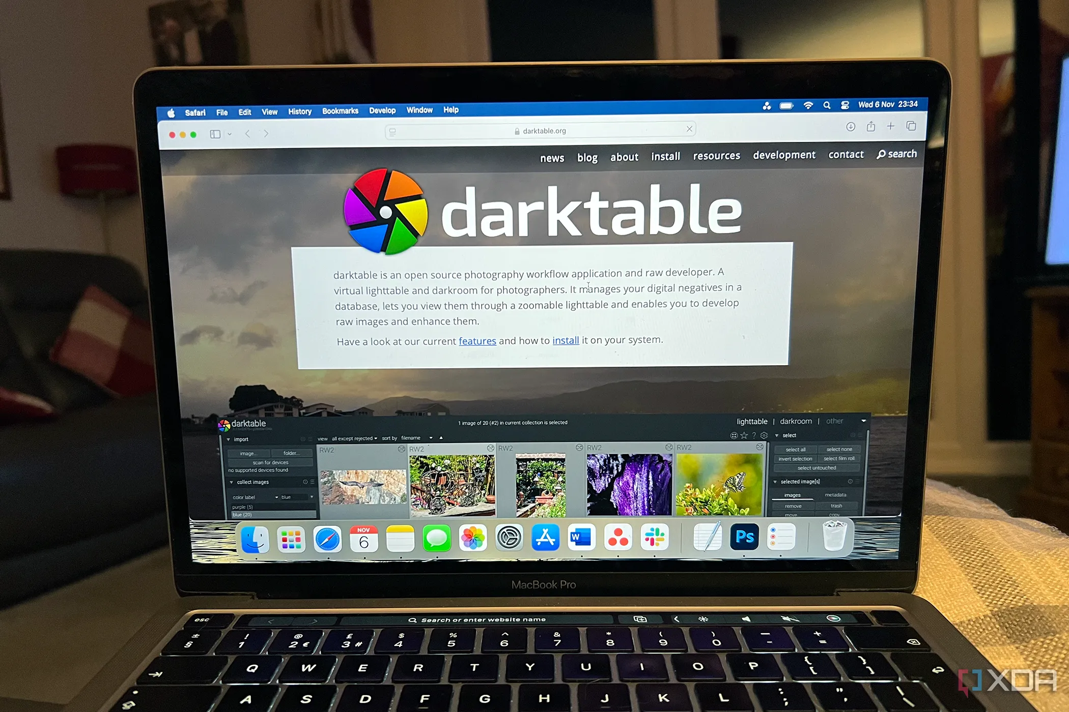 Phần mềm chỉnh sửa ảnh Darktable chạy trên máy tính MacBook, minh họa công cụ xử lý tệp RAW