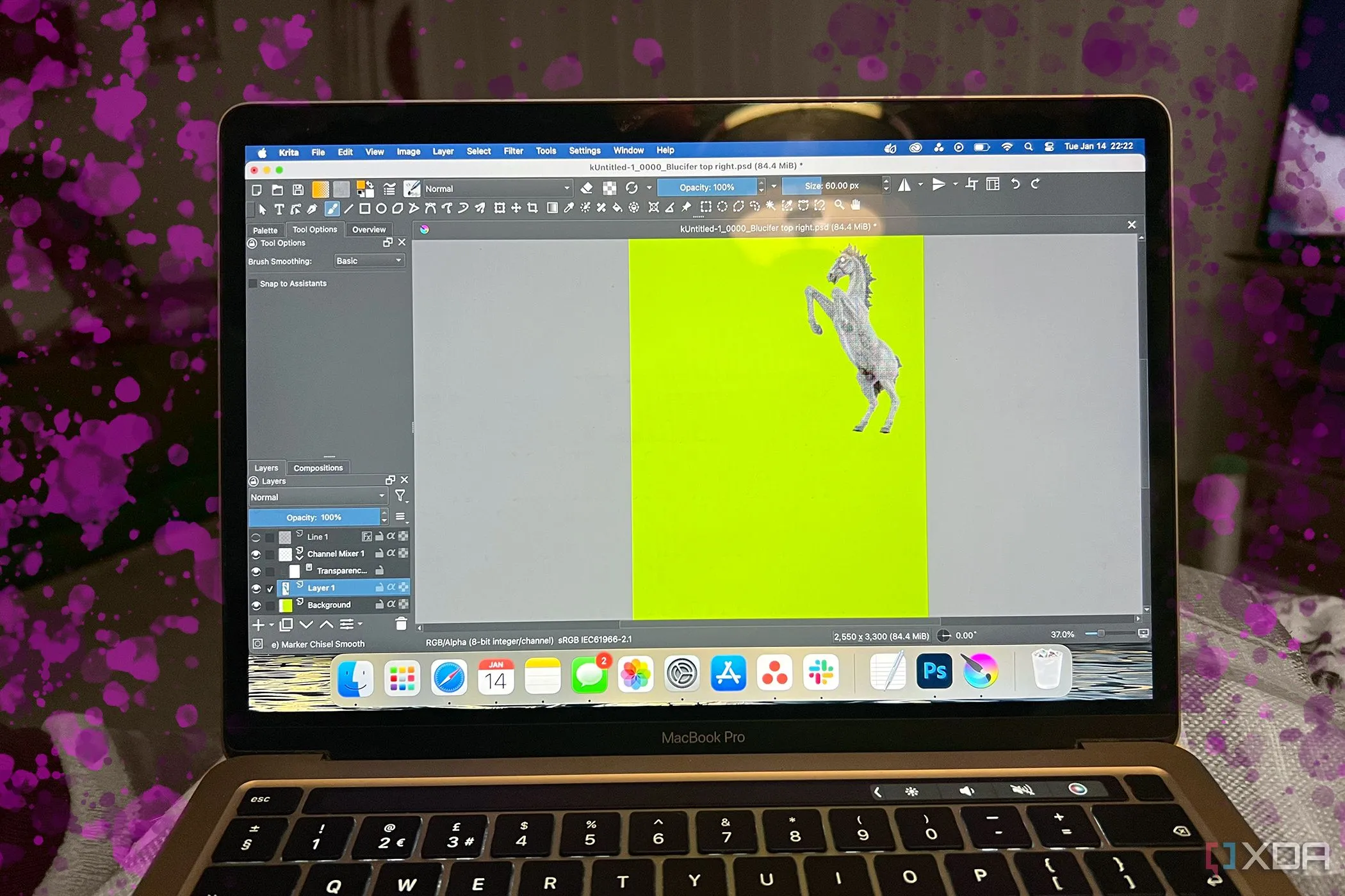 Phần mềm Krita hiển thị trên MacBook, xung quanh có các vệt màu hồng