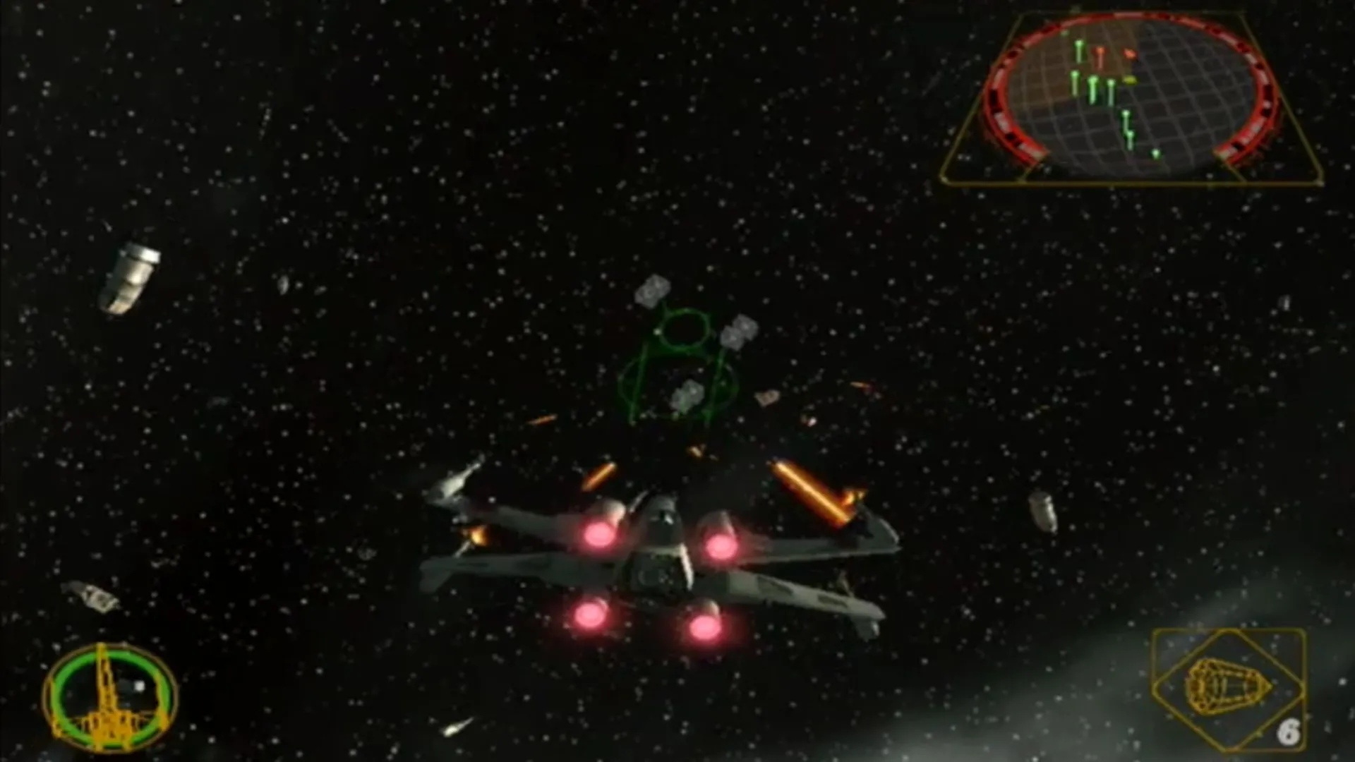 Phi thuyền X-Wing chiến đấu chống lại TIE Fighters trong không gian của Star Wars Rogue Squadron II: Rogue Leader