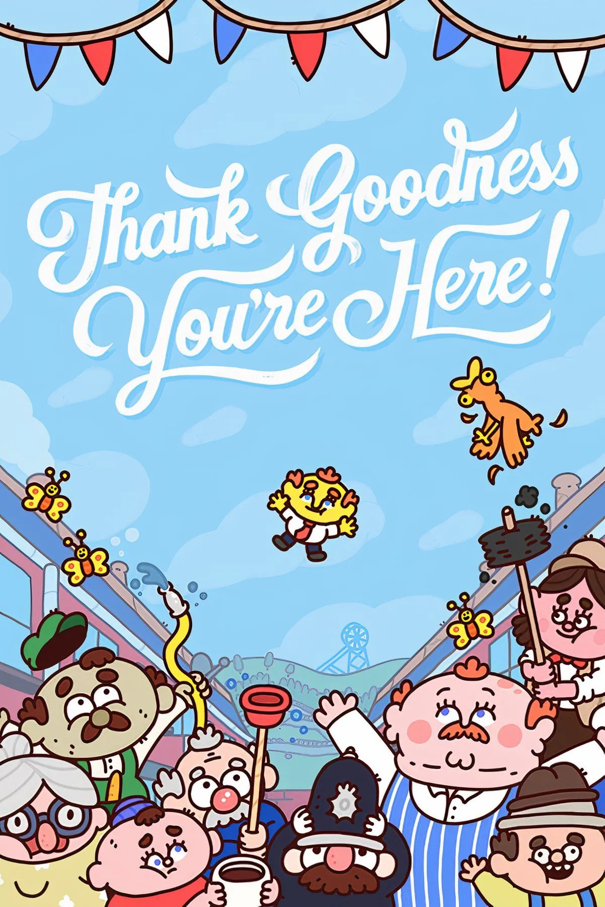 Phong cách đồ họa hoạt hình độc đáo của game hài hước Thank Goodness You're Here!, lấy bối cảnh thị trấn miền Bắc nước Anh