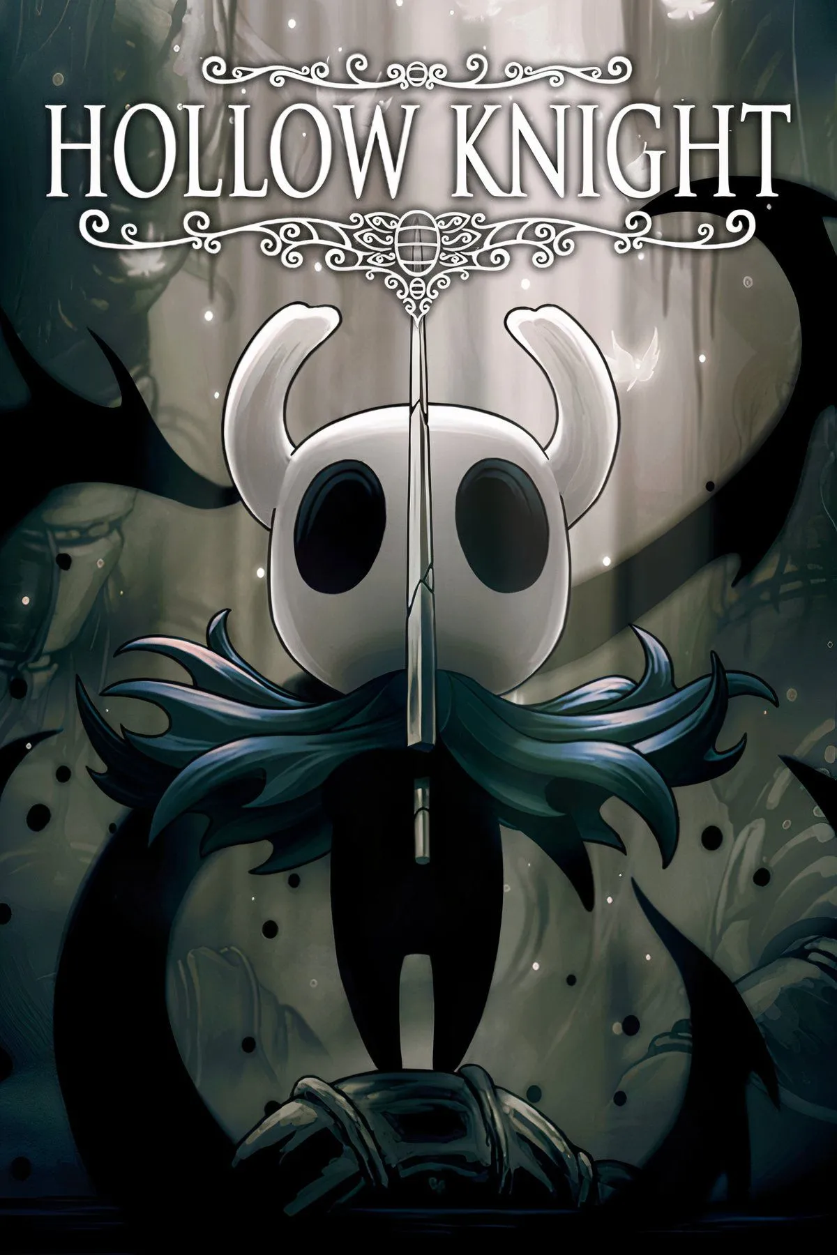 Phong cảnh Hallownest trong Hollow Knight với Knight đứng trên một nền đá