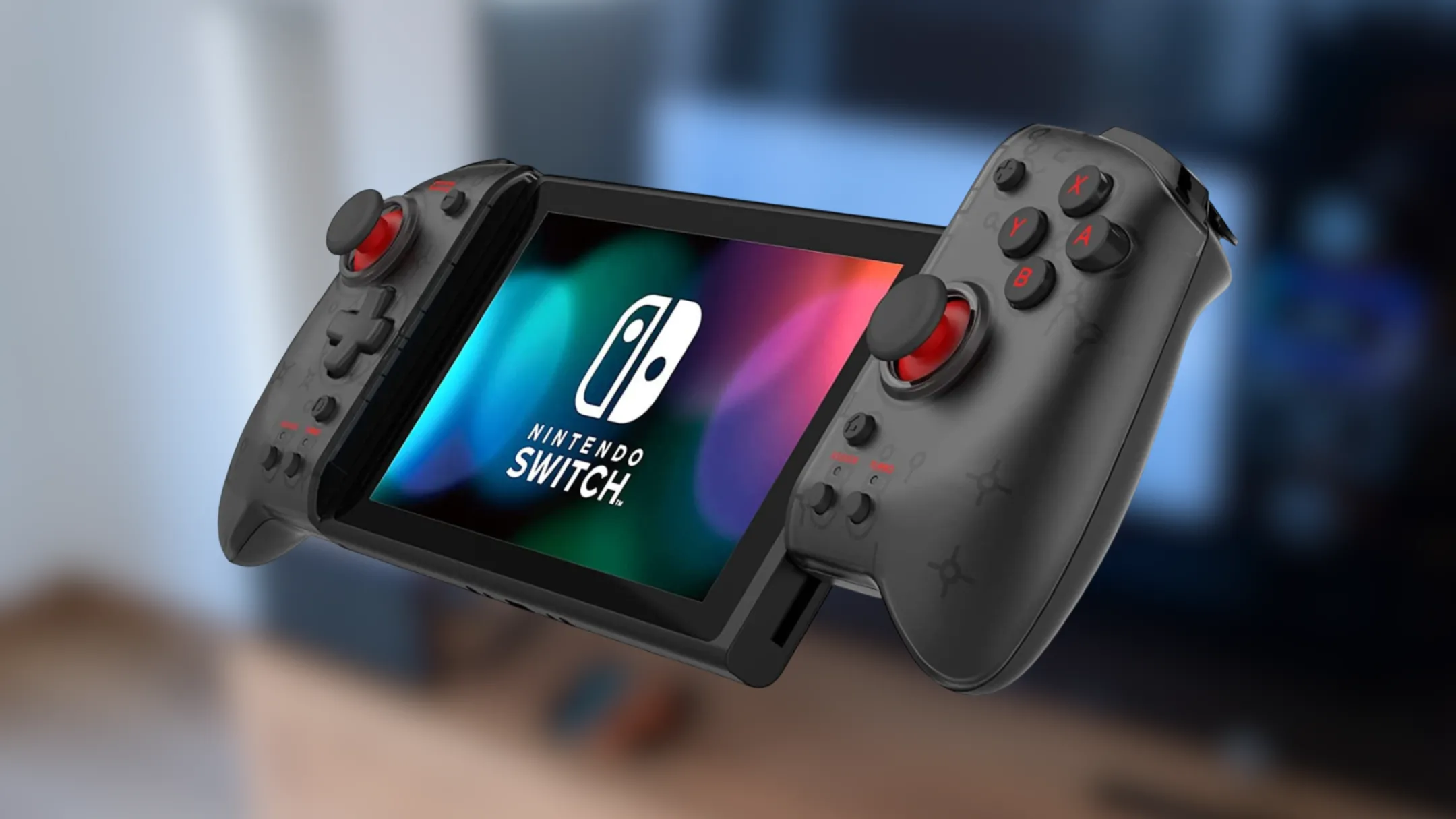 Phụ kiện tay cầm HORI Split Pad Pro gắn liền Nintendo Switch, thể hiện kích thước lớn hơn so với Joy-Con tiêu chuẩn