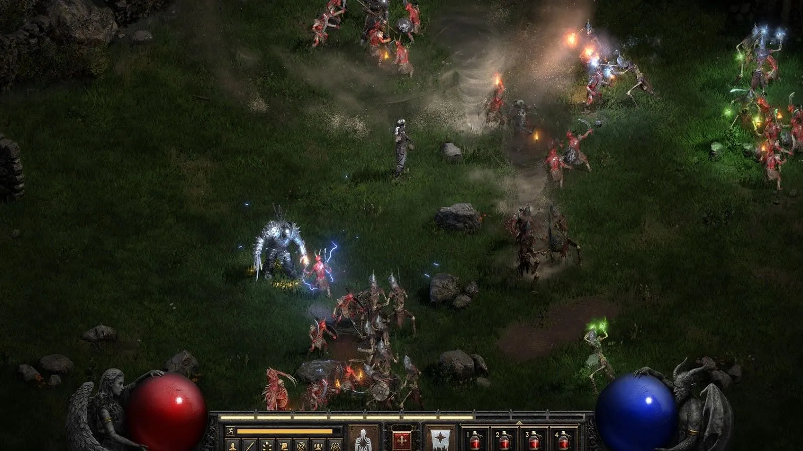Phù thủy chiến đấu trong Diablo 2 Resurrected trên một cánh đồng.