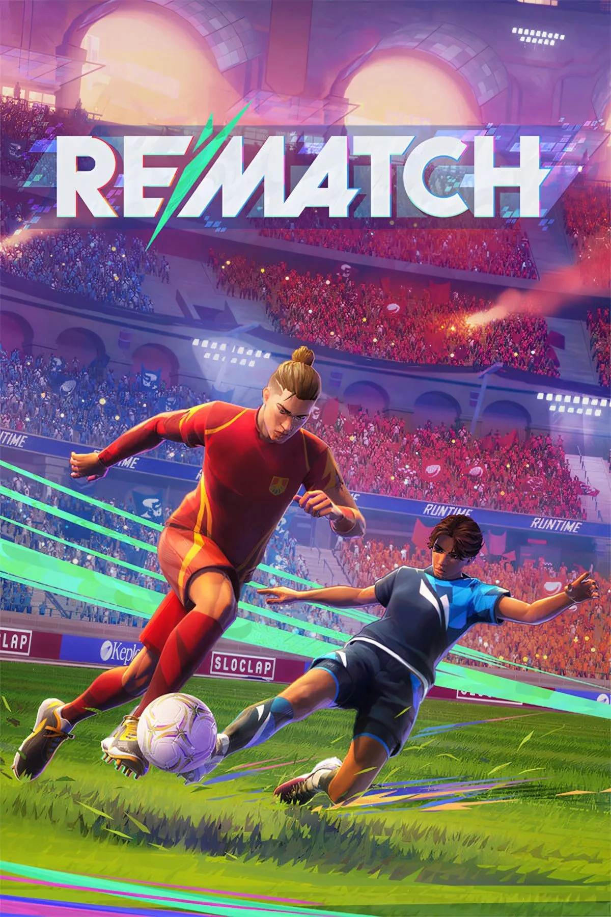 Poster game Rematch với các cầu thủ đang tranh bóng trên sân vận động phong cách arcade, thể hiện đồ họa và tính năng độc đáo của trò chơi.