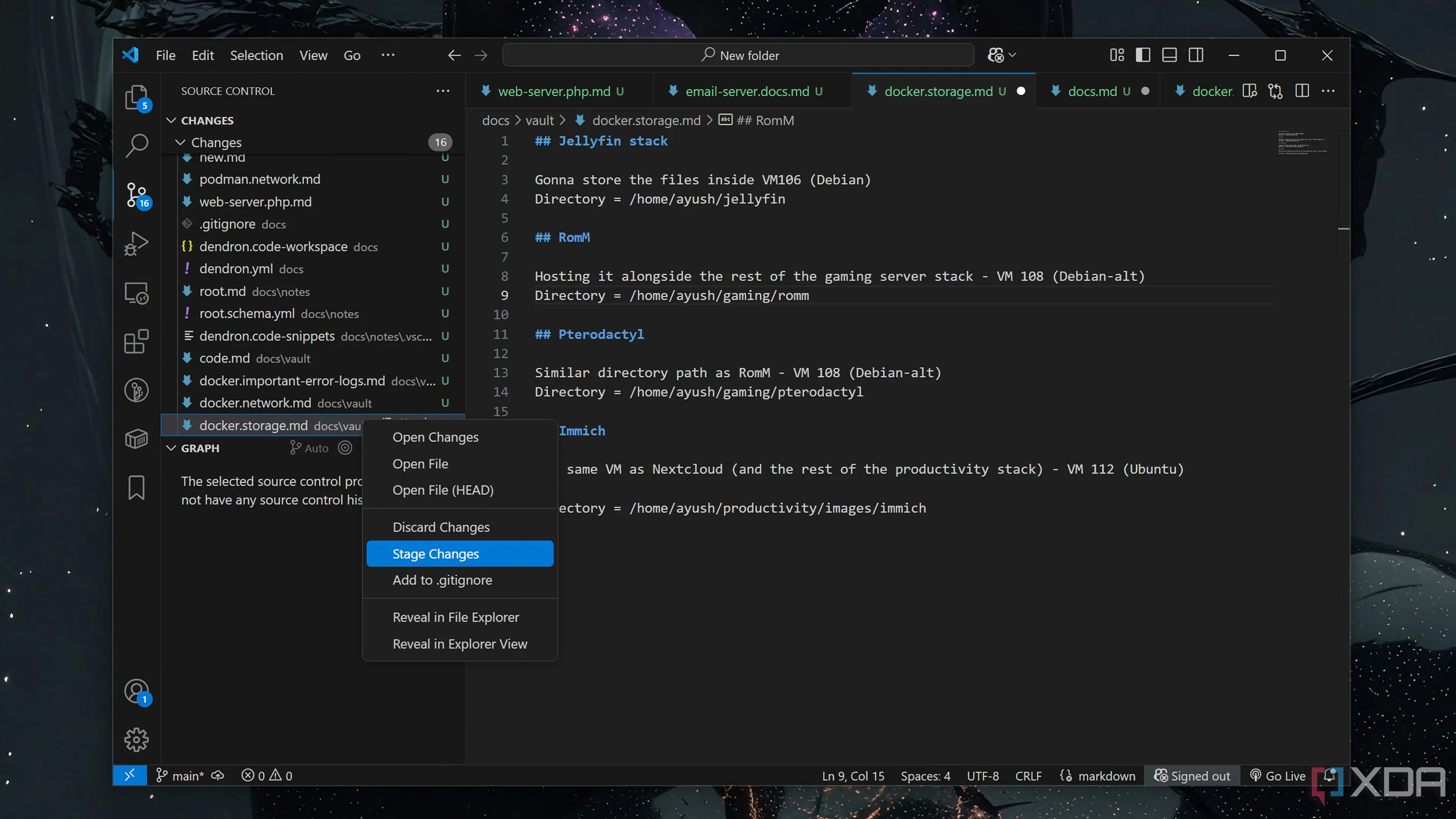 Quá trình kiểm soát phiên bản ghi chú Dendron bằng Git trong giao diện Visual Studio Code.